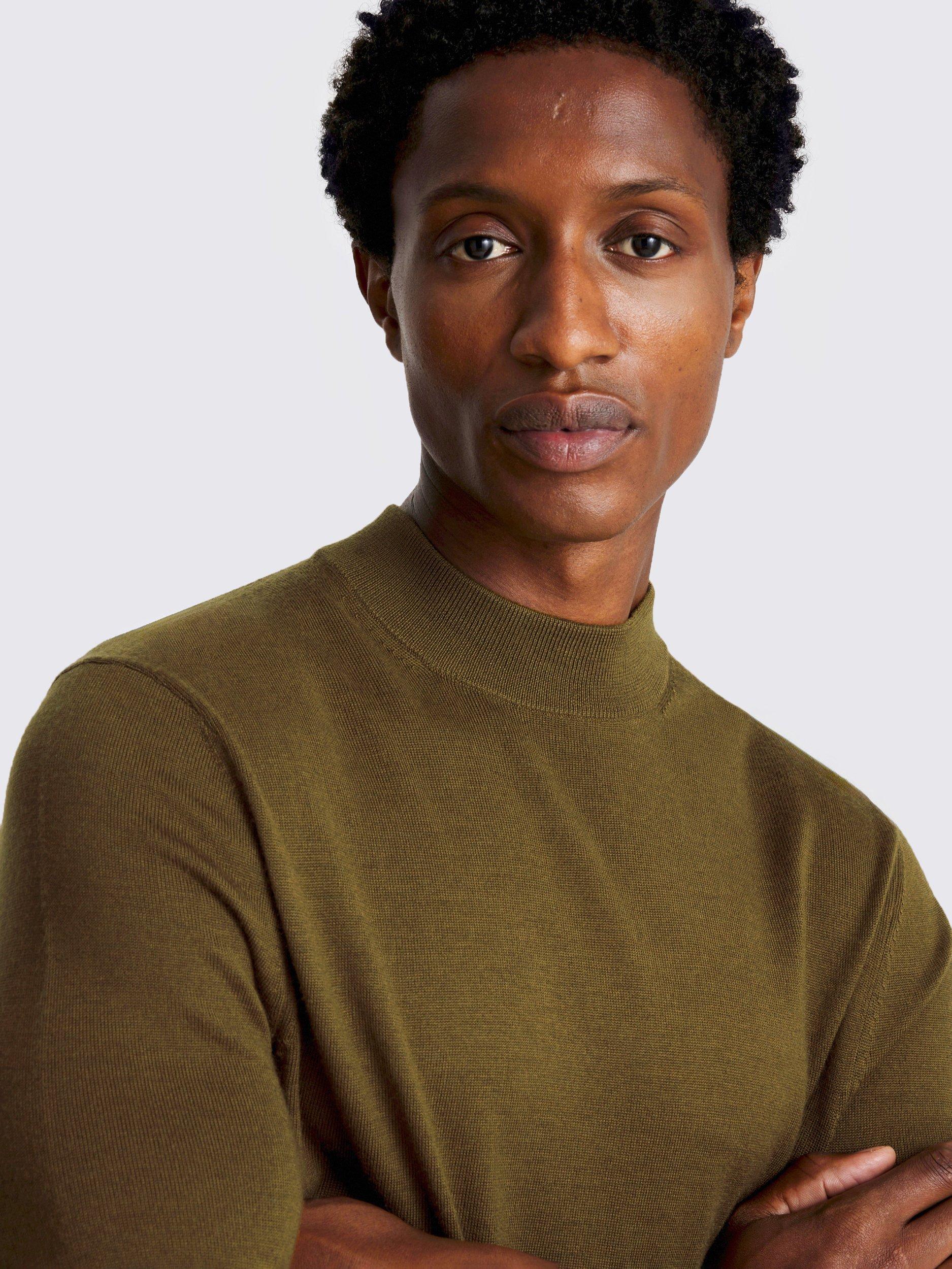 Product image 3 of 4, which shows Moss Cerise Merino Wool Blend High Neck Jumper, Olive, S