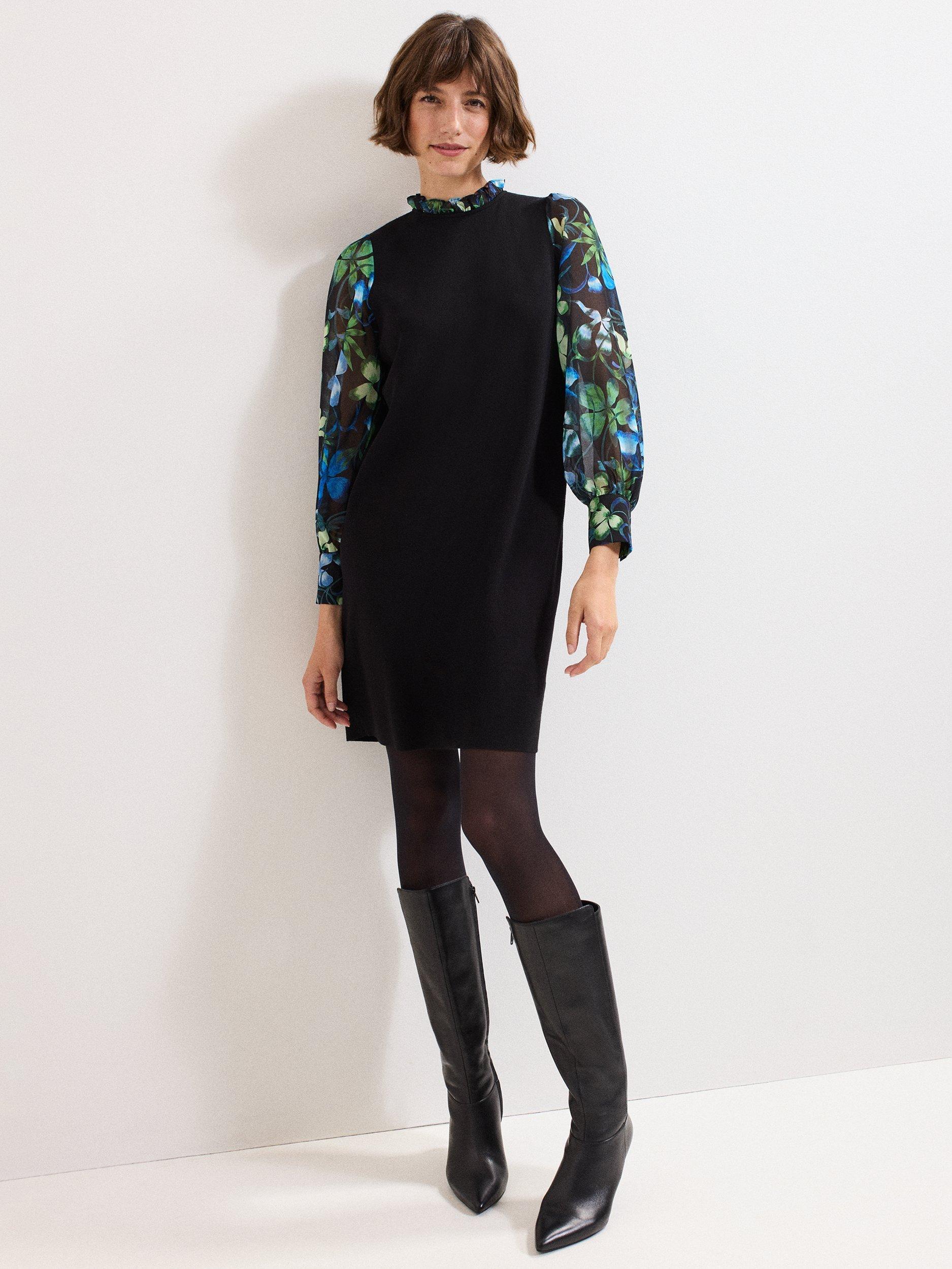 Product image 1 of 5, which shows Phase Eight Ramona Floral Sleeve Dress, Black/Multi, 6