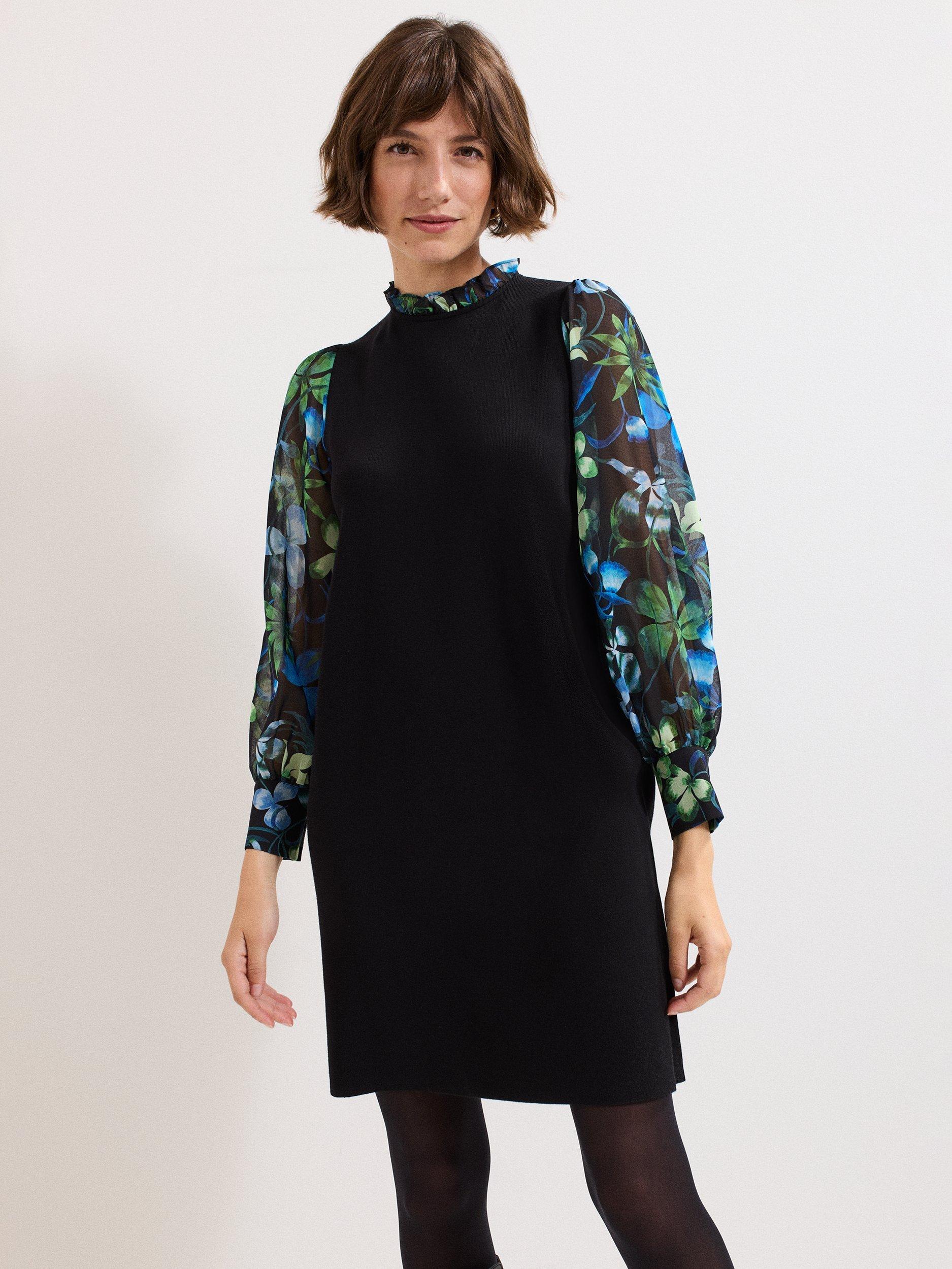 Product image 3 of 5, which shows Phase Eight Ramona Floral Sleeve Dress, Black/Multi, 6