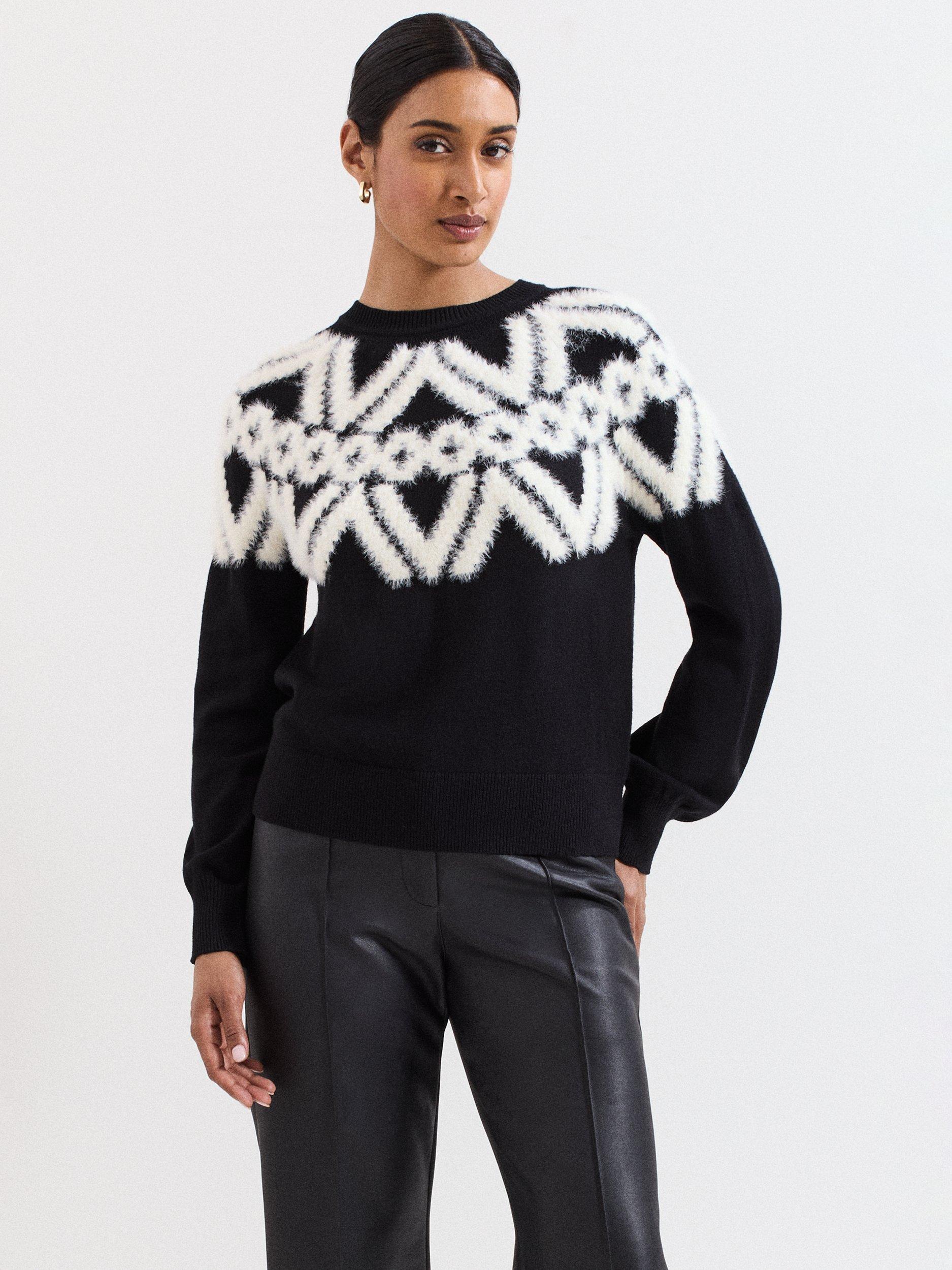 Product image 1 of 4, which shows Phase Eight Karla Fair Isle Yoke Jumper, Black/Ivory, S