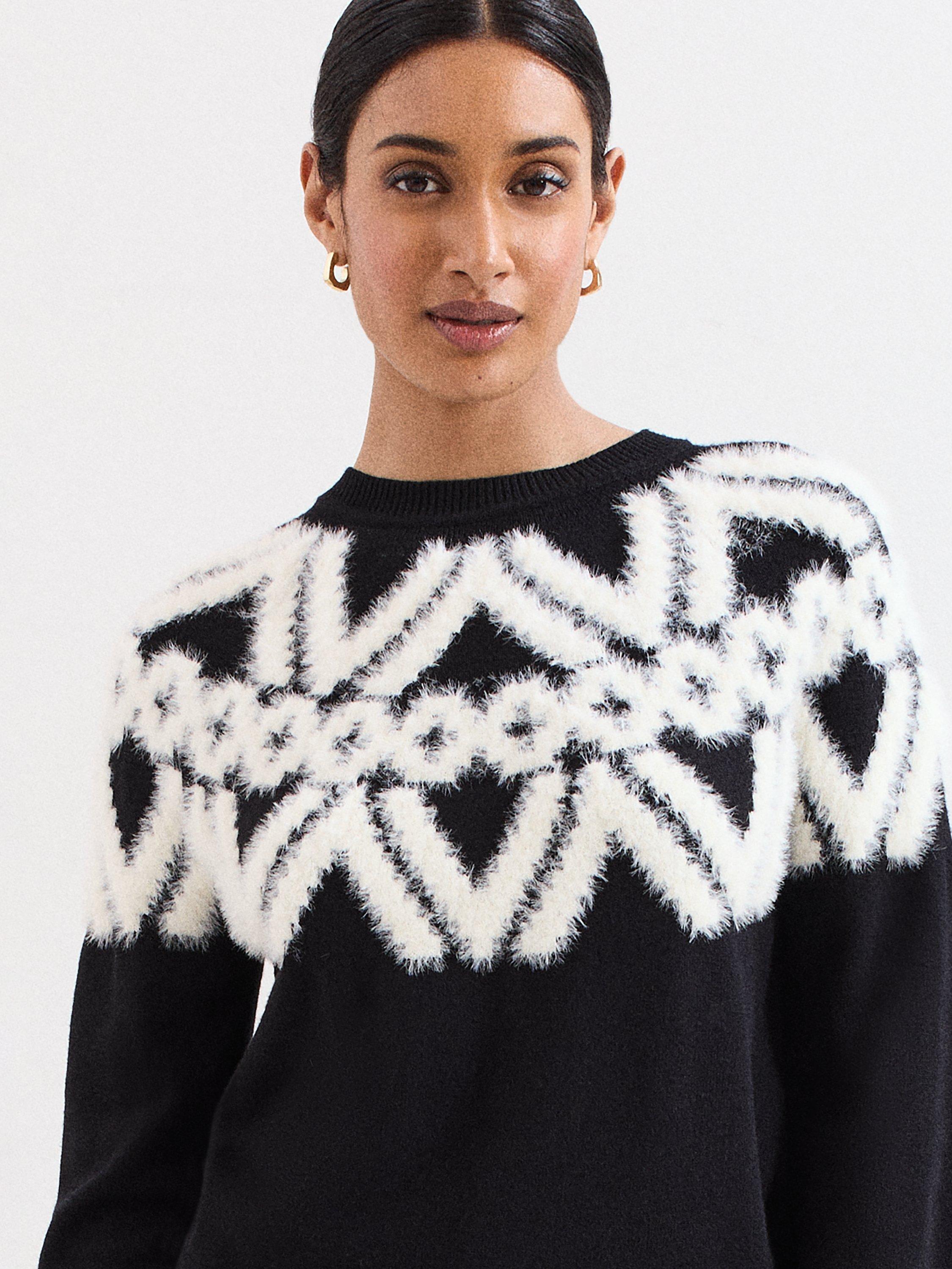 Product image 4 of 4, which shows Phase Eight Karla Fair Isle Yoke Jumper, Black/Ivory, S