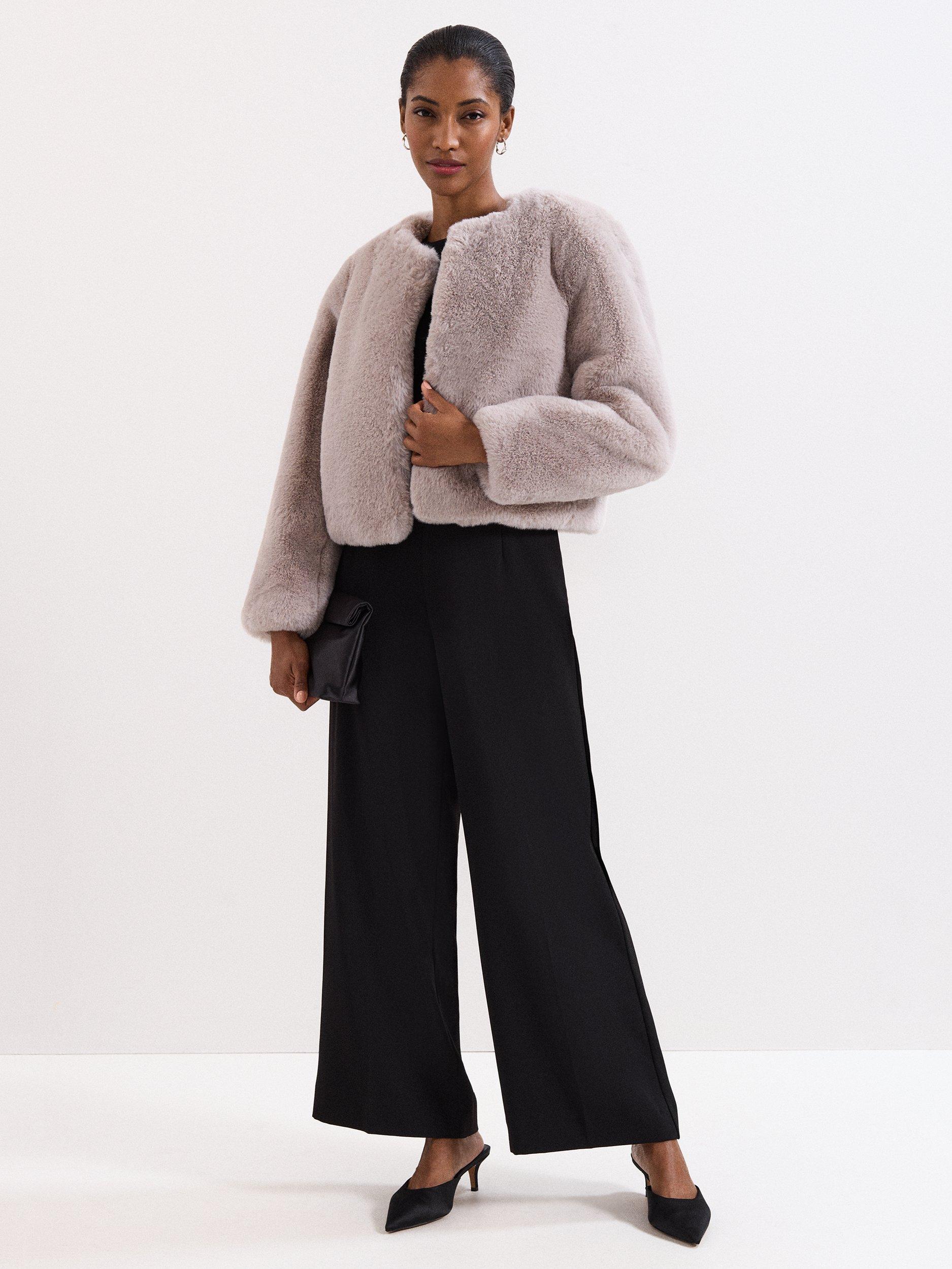 Product image 3 of 9, which shows Phase Eight Crystal Faux Fur Jacket, Pale Grey, 8