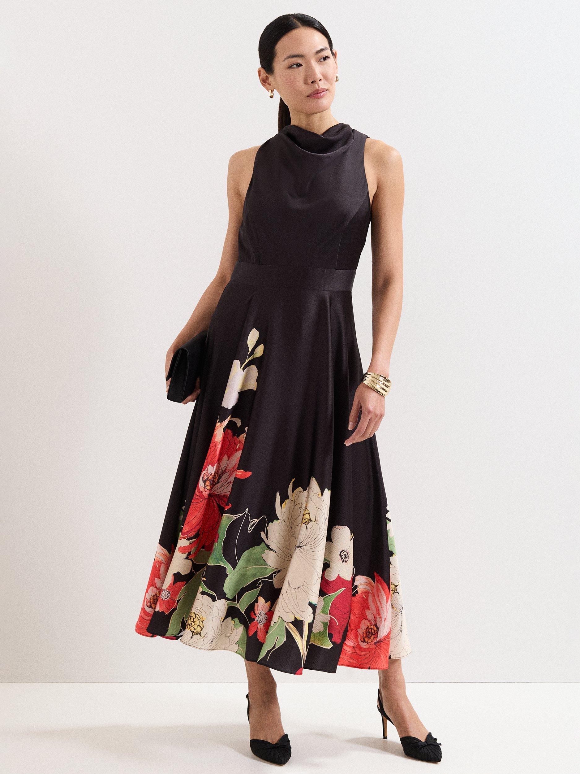Product image 1 of 8, which shows Phase Eight Cheryl Floral Satin Dress, Multi, 6