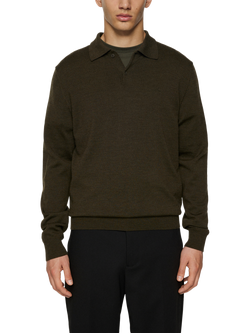 J.Lindeberg Kai Wool Regular Fit Long Sleeve Knit Polo Shirt, Forest Green, Forest Green