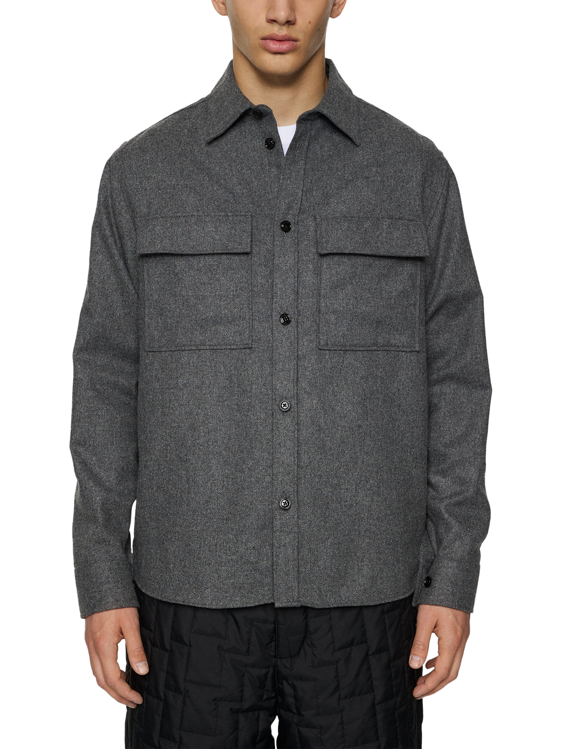 Product image 1 of 5, which shows J.Lindeberg Wool Blend Regular Fit Overshirt, Dark Grey Melange, S
