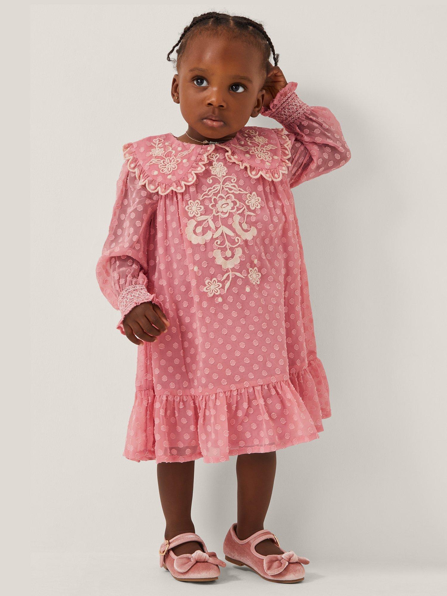 Monsoon Baby Scallop Collar Embroidered Dress, Pink