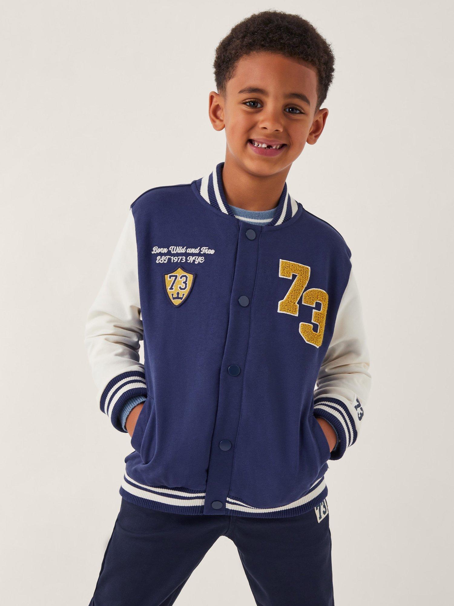 Product image 1 of 4, which shows Monsoon Kids' Cotton Varsity Bomber Jacket, Blue, 12-13 years