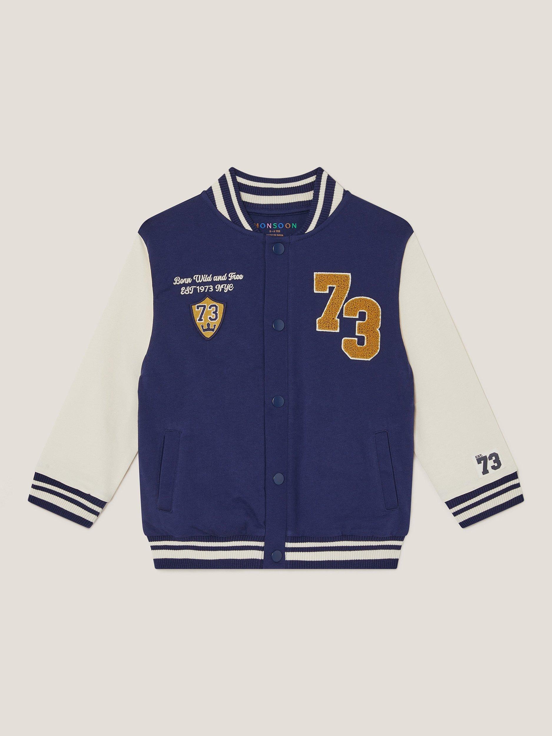 Product image 2 of 4, which shows Monsoon Kids' Cotton Varsity Bomber Jacket, Blue, 12-13 years