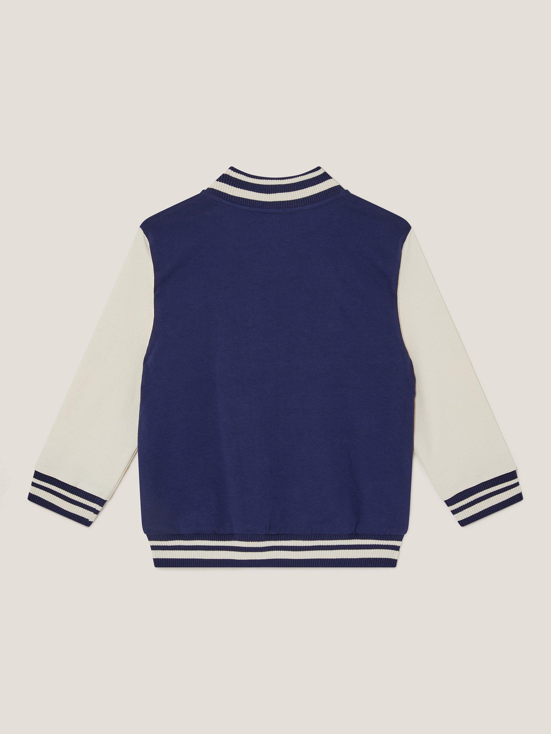 Product image 3 of 4, which shows Monsoon Kids' Cotton Varsity Bomber Jacket, Blue, 12-13 years