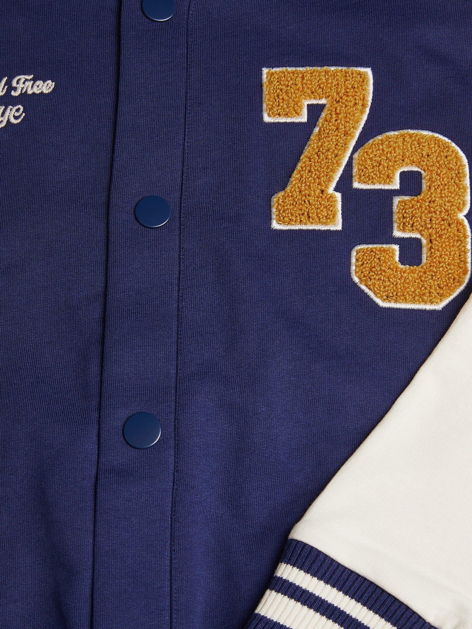 Product image 4 of 4, which shows Monsoon Kids' Cotton Varsity Bomber Jacket, Blue, 12-13 years