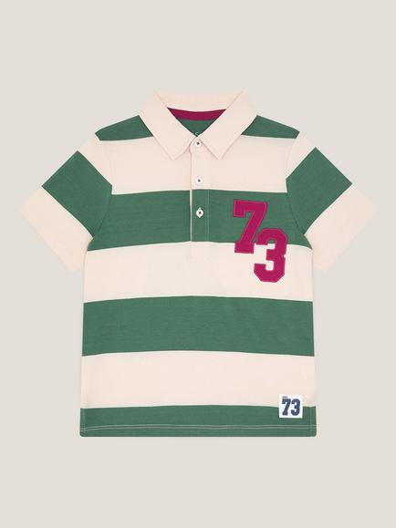 Monsoon Kids' Cotton Striped Polo T-Shirt, Green - view 2, Green