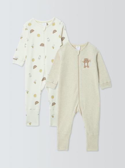 John Lewis Baby Breakfast Bear Flip Foot Sleepsuits, Pack of 2, Natural, Natural