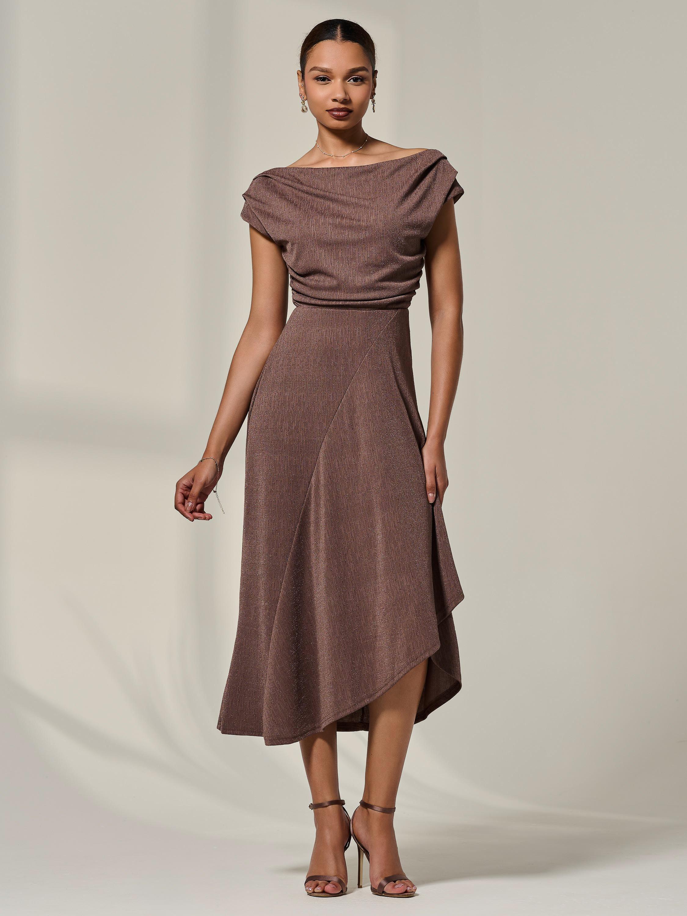 Product image 1 of 7, which shows Jolie Moi Asymmetric Drape Midi Dress, Chocolate, 8