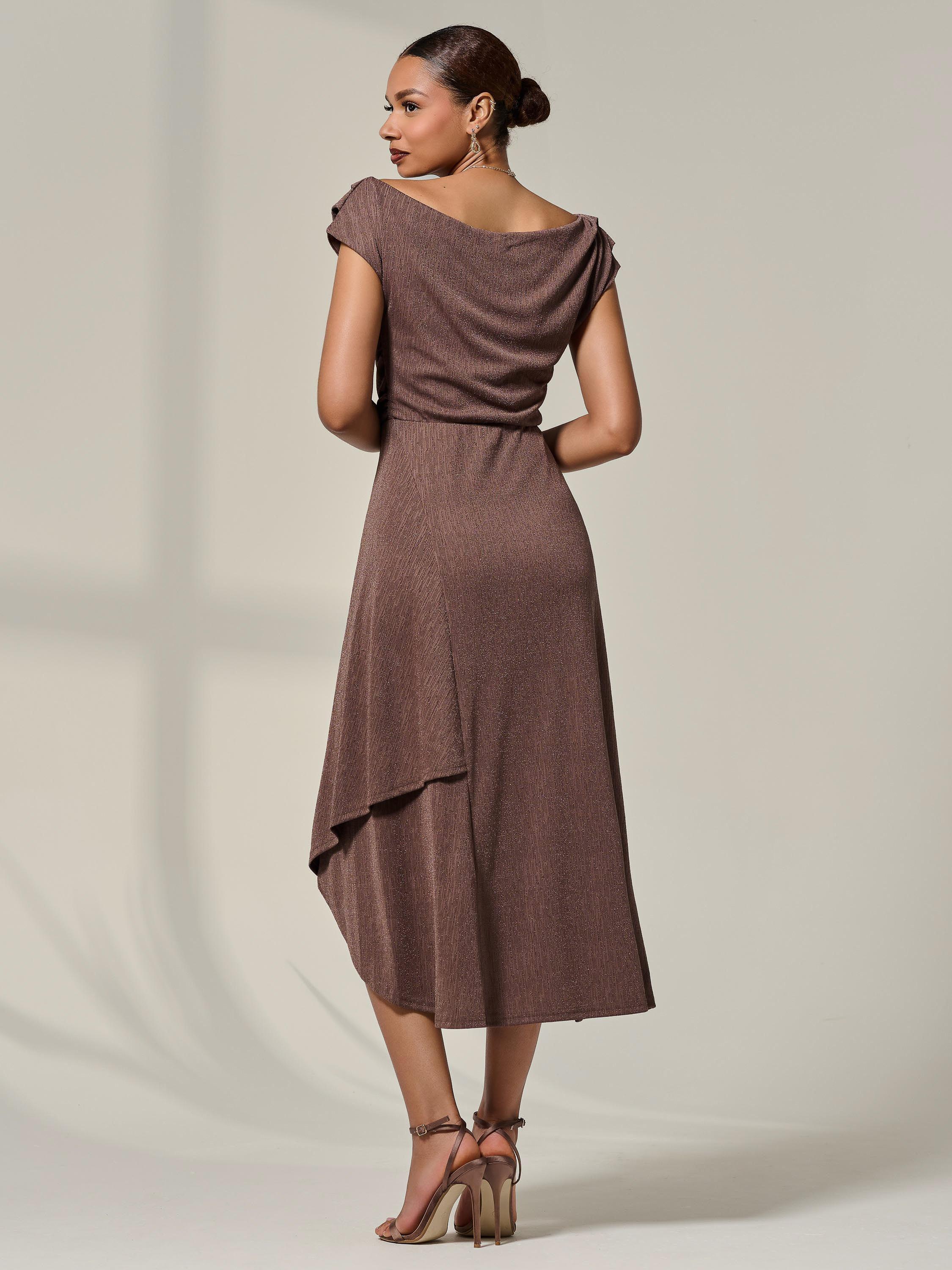 Product image 2 of 7, which shows Jolie Moi Asymmetric Drape Midi Dress, Chocolate, 8