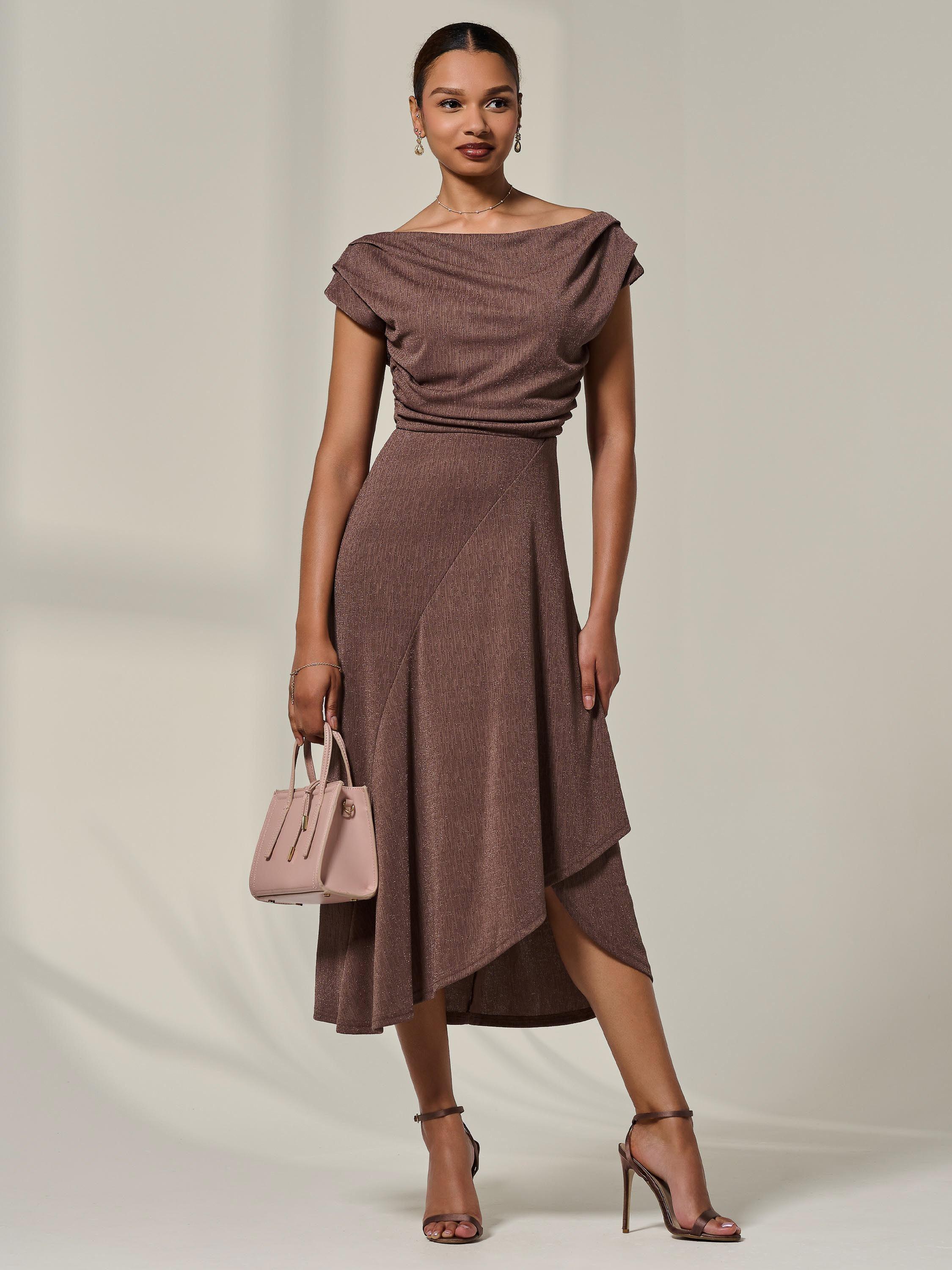 Product image 6 of 7, which shows Jolie Moi Asymmetric Drape Midi Dress, Chocolate, 8