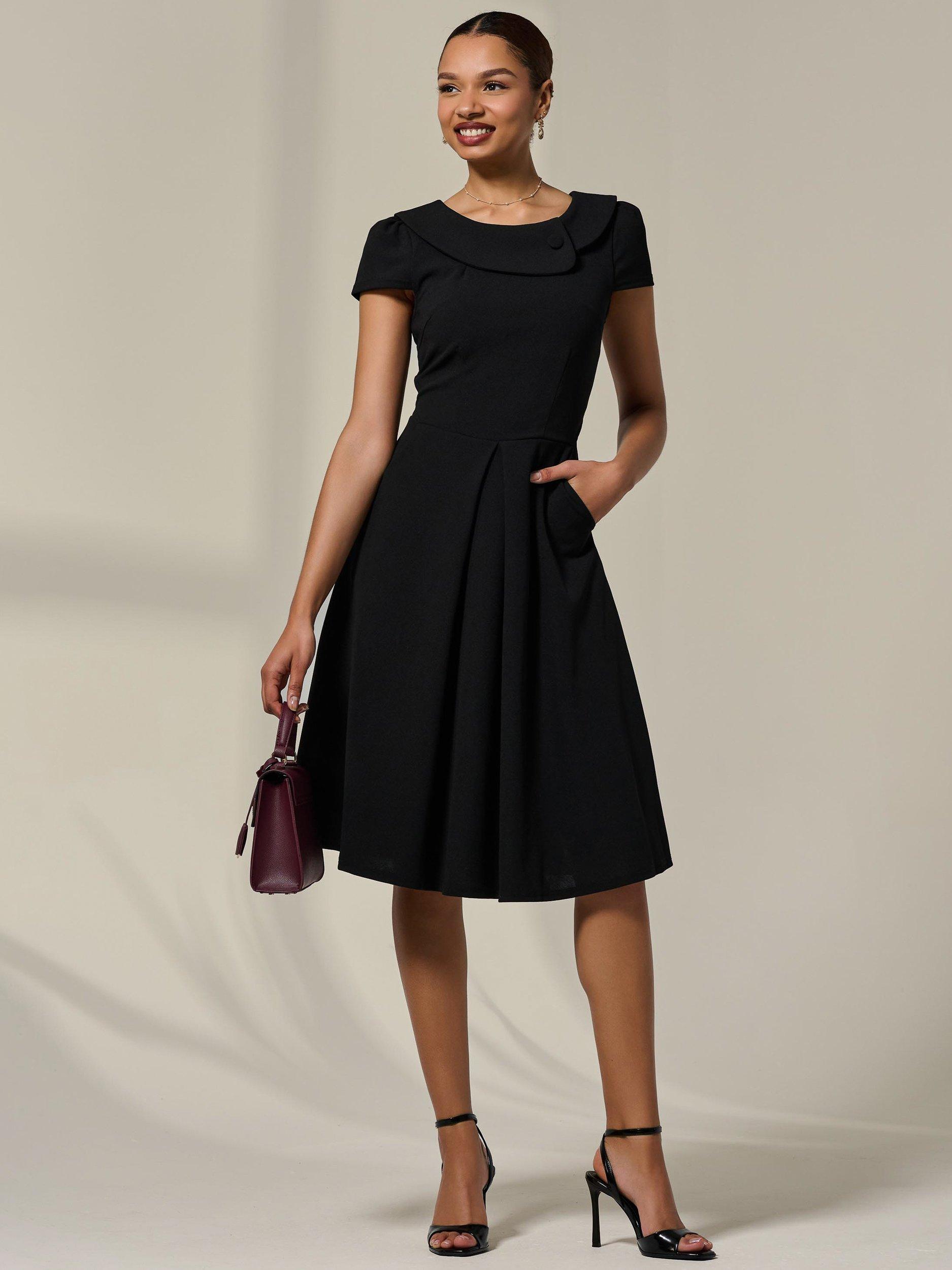 Product image 3 of 7, which shows Jolie Moi Roll Collar Cap Sleeve Midi Dress, Black, 8