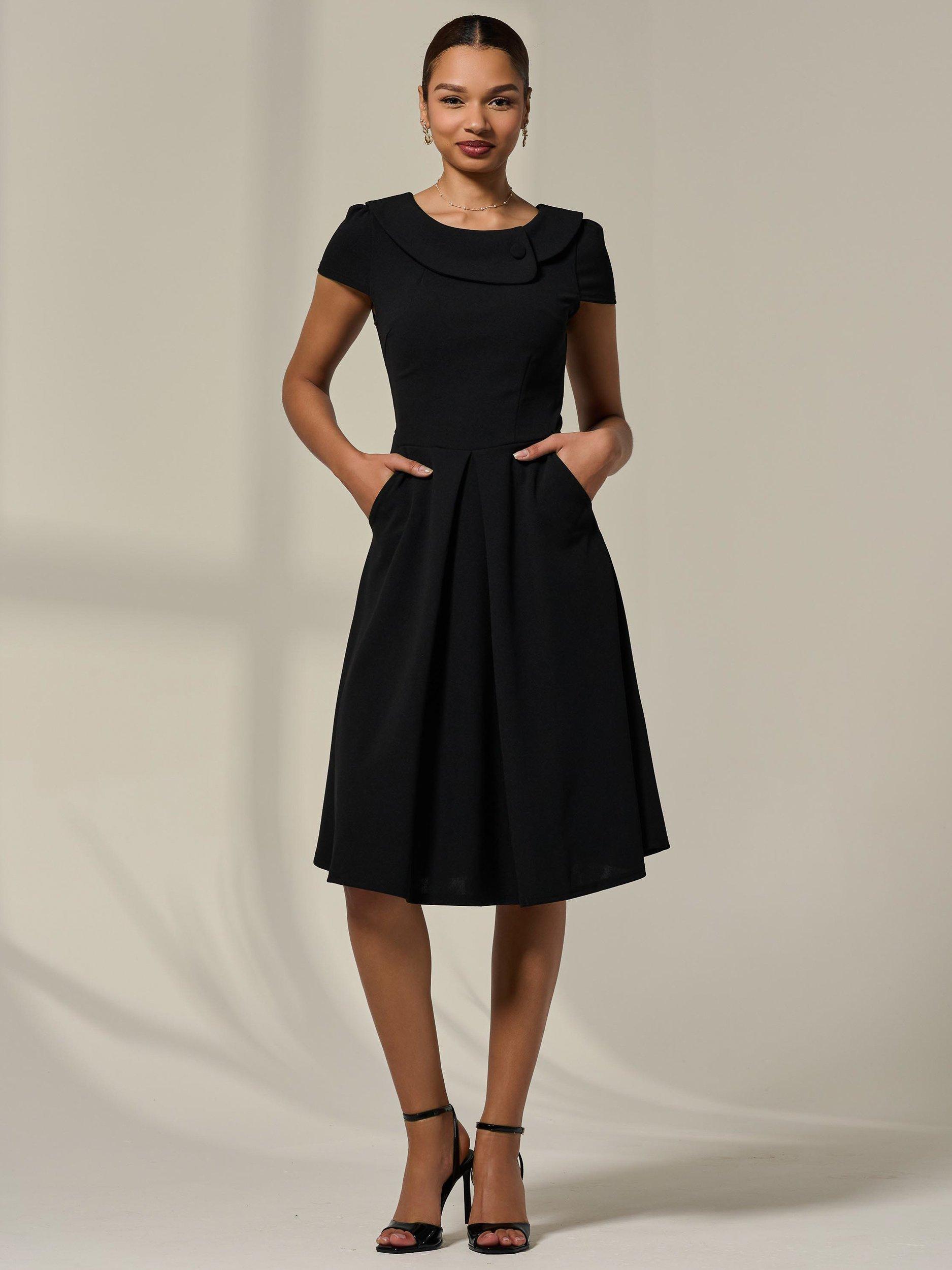 Product image 5 of 7, which shows Jolie Moi Roll Collar Cap Sleeve Midi Dress, Black, 8