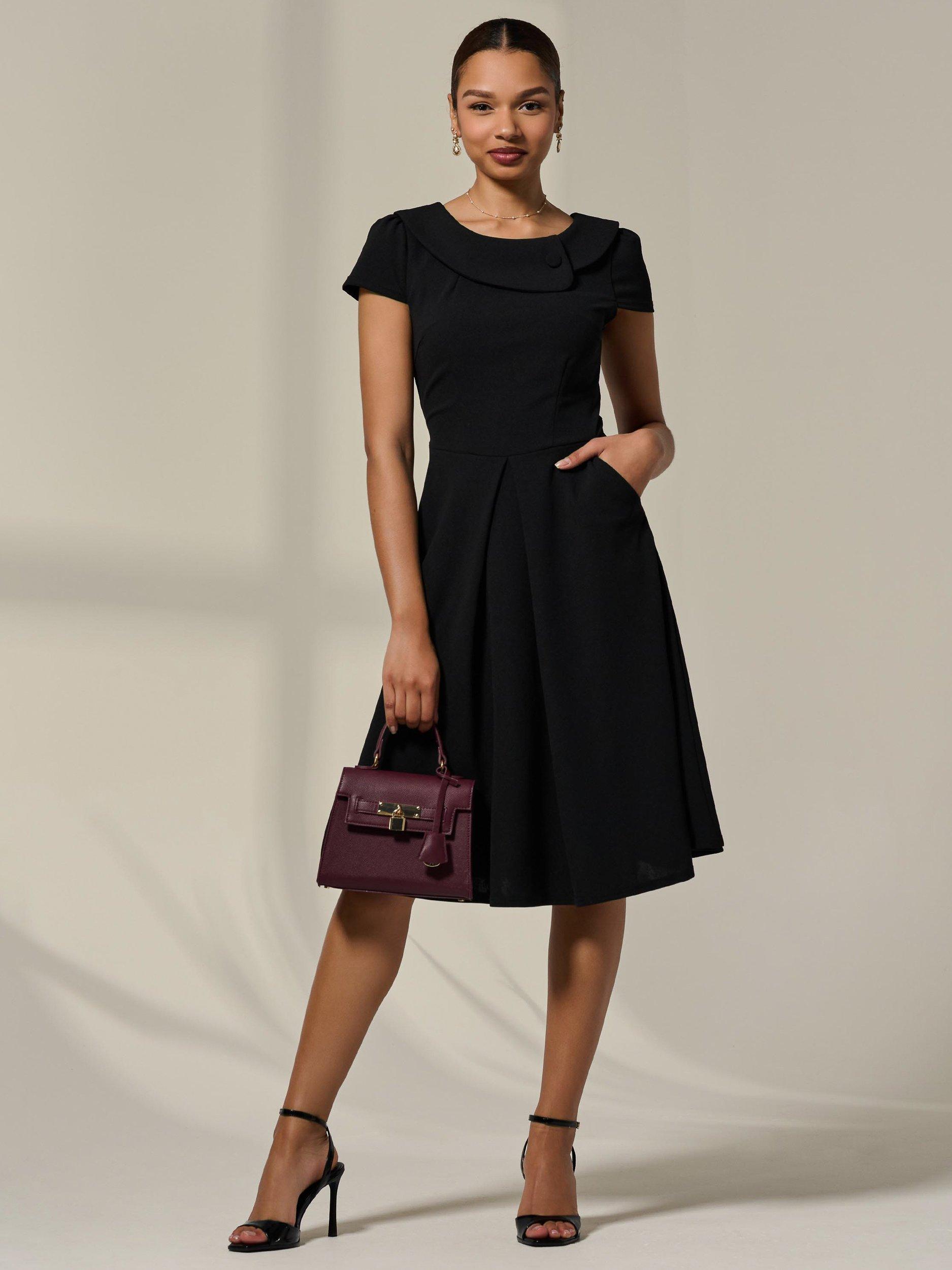 Product image 6 of 7, which shows Jolie Moi Roll Collar Cap Sleeve Midi Dress, Black, 8