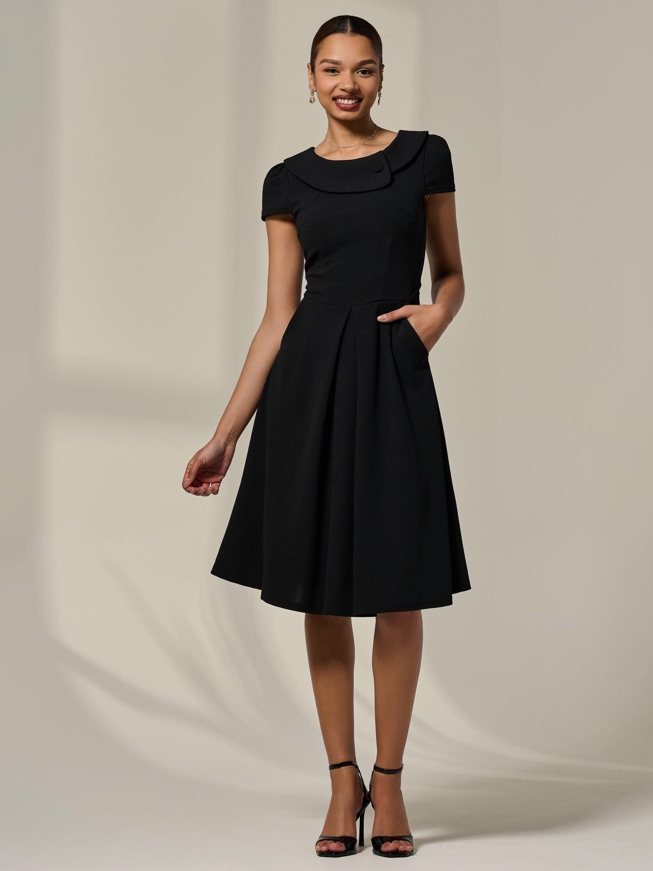 Product image 7 of 7, which shows Jolie Moi Roll Collar Cap Sleeve Midi Dress, Black, 8