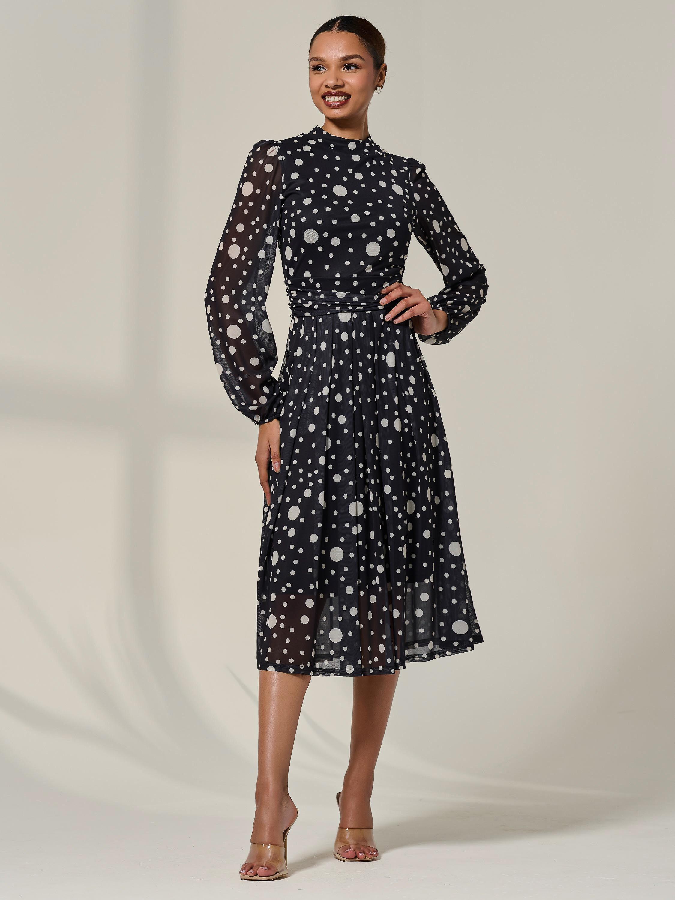 Product image 1 of 7, which shows Jolie Moi Polka Dot Pleated Midi Dress, Black Polka, 8
