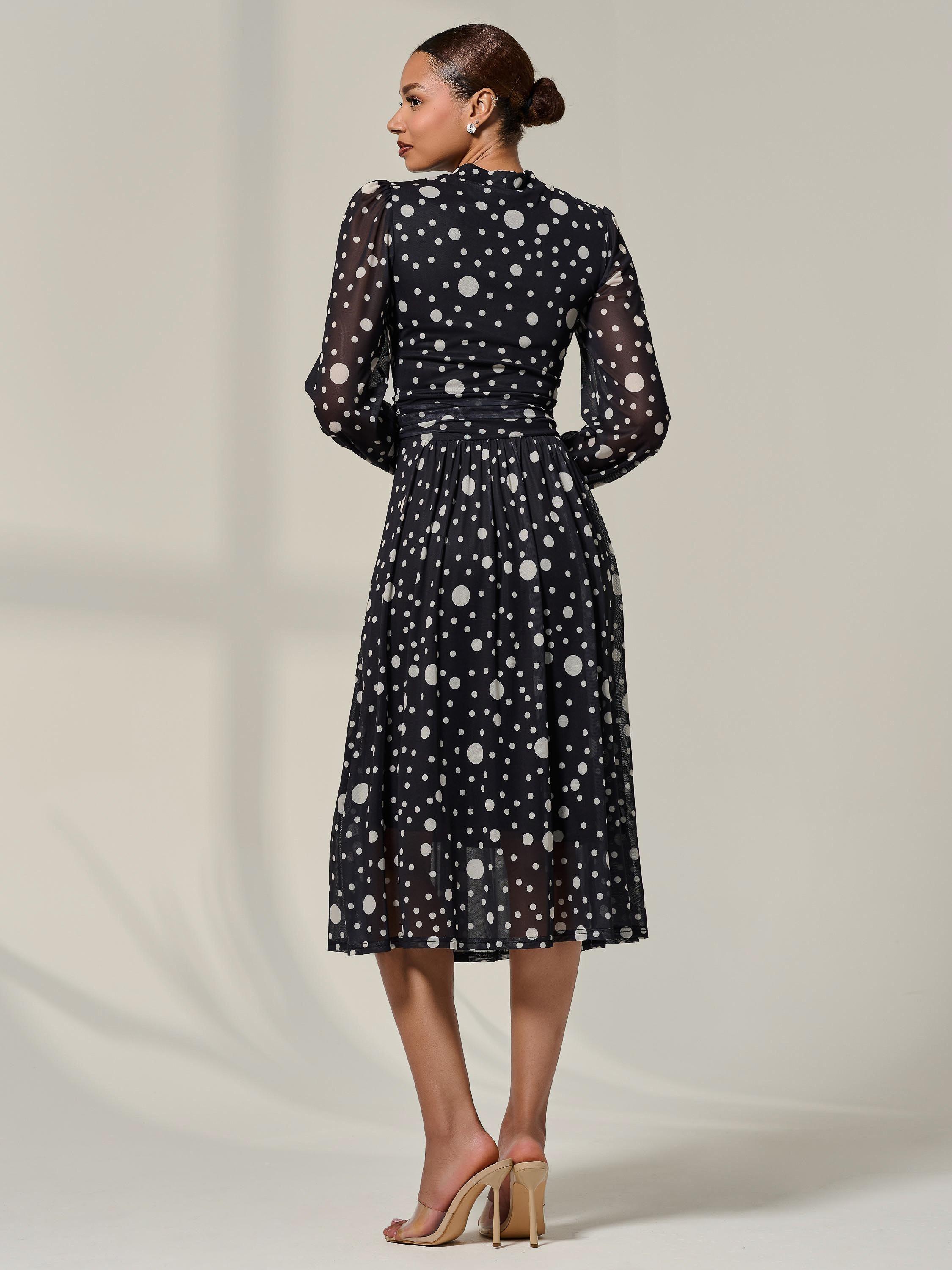 Product image 2 of 7, which shows Jolie Moi Polka Dot Pleated Midi Dress, Black Polka, 8