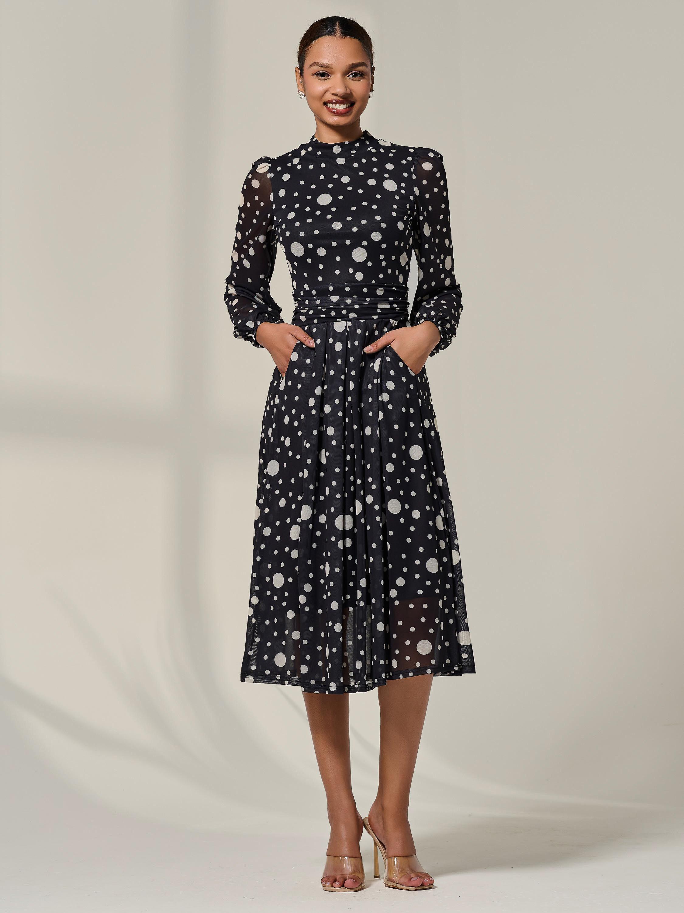 Product image 3 of 7, which shows Jolie Moi Polka Dot Pleated Midi Dress, Black Polka, 8