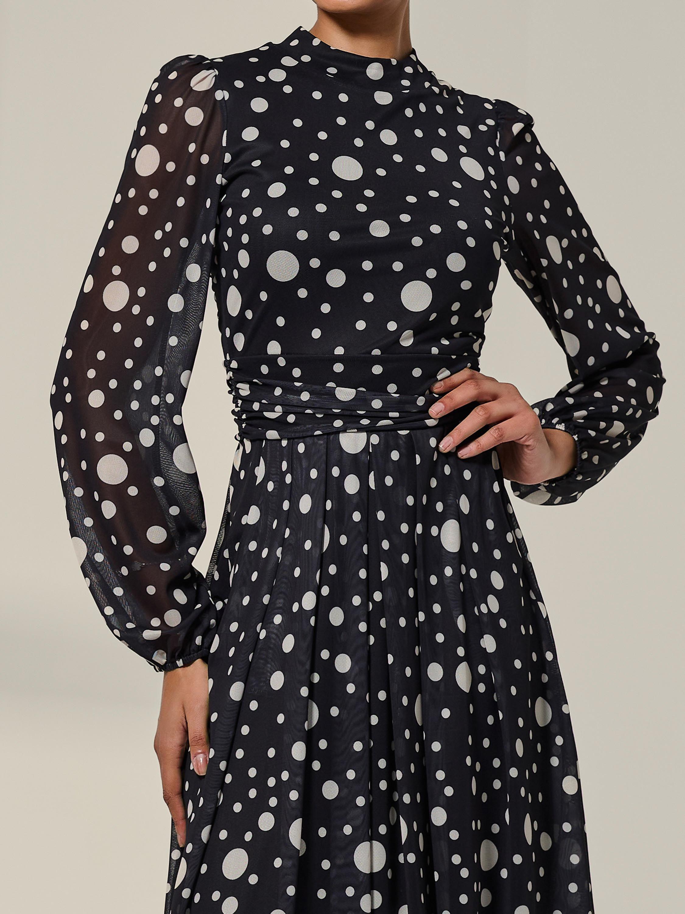 Product image 4 of 7, which shows Jolie Moi Polka Dot Pleated Midi Dress, Black Polka, 8