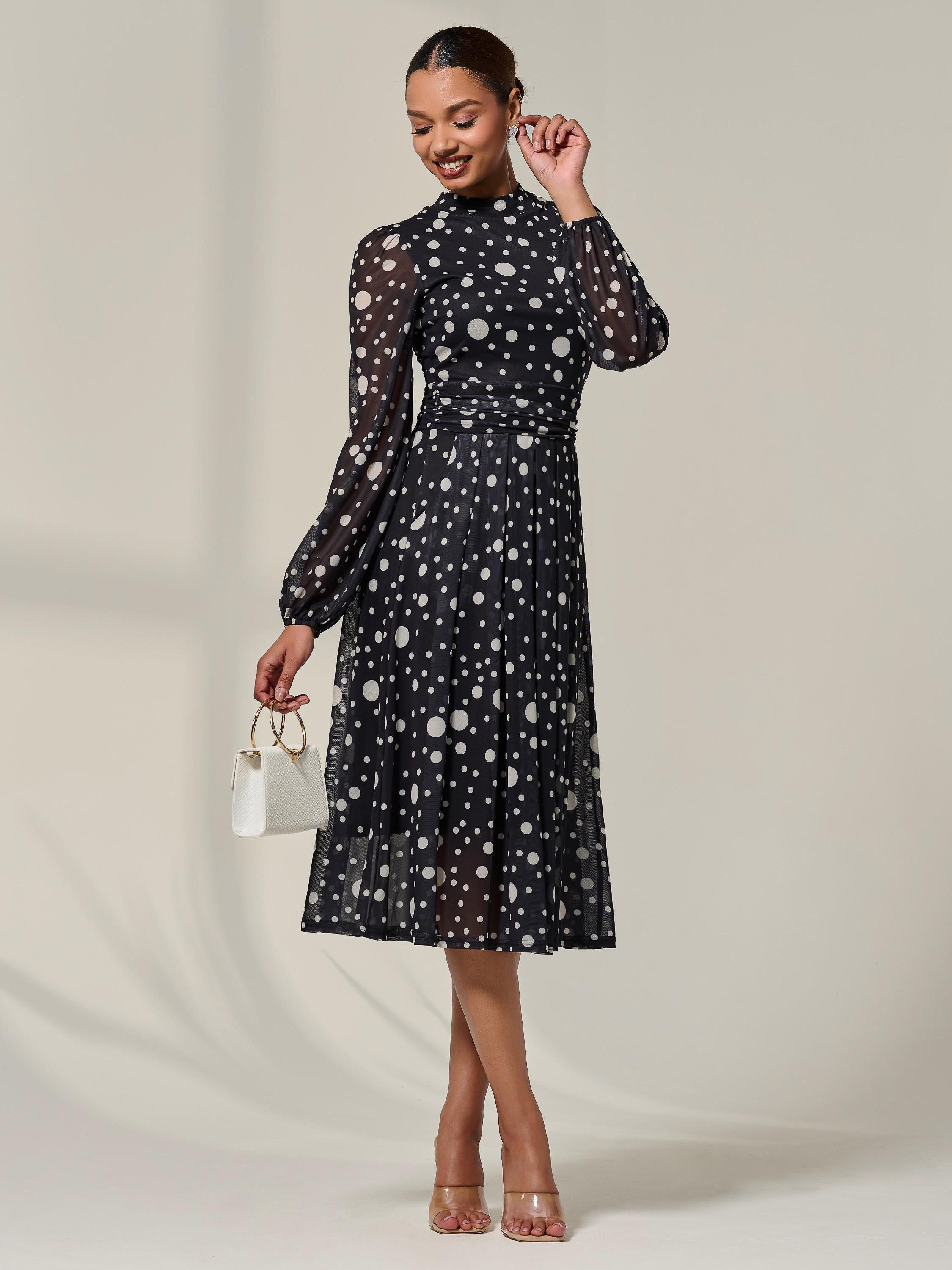 Product image 5 of 7, which shows Jolie Moi Polka Dot Pleated Midi Dress, Black Polka, 8