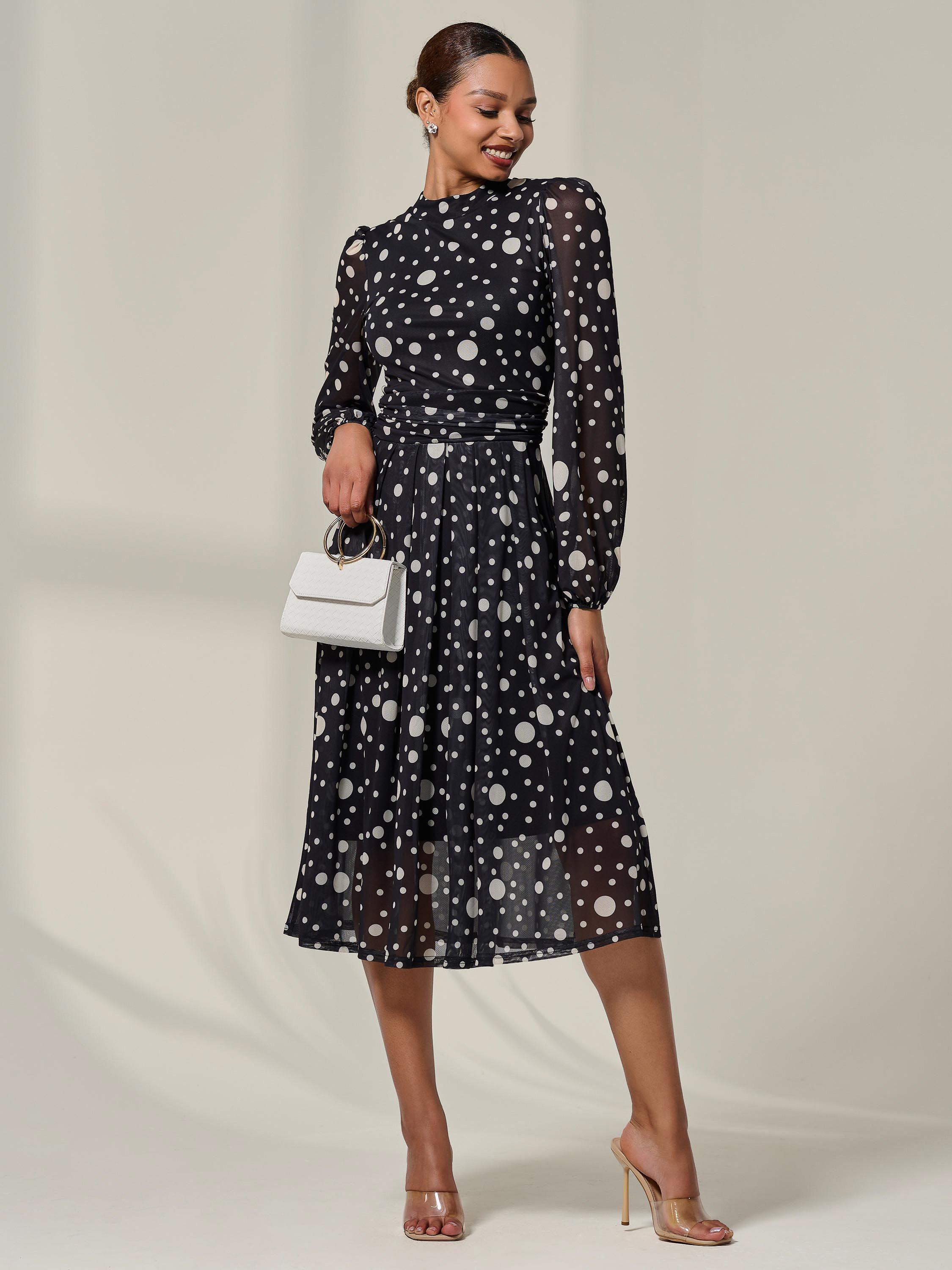 Product image 6 of 7, which shows Jolie Moi Polka Dot Pleated Midi Dress, Black Polka, 8