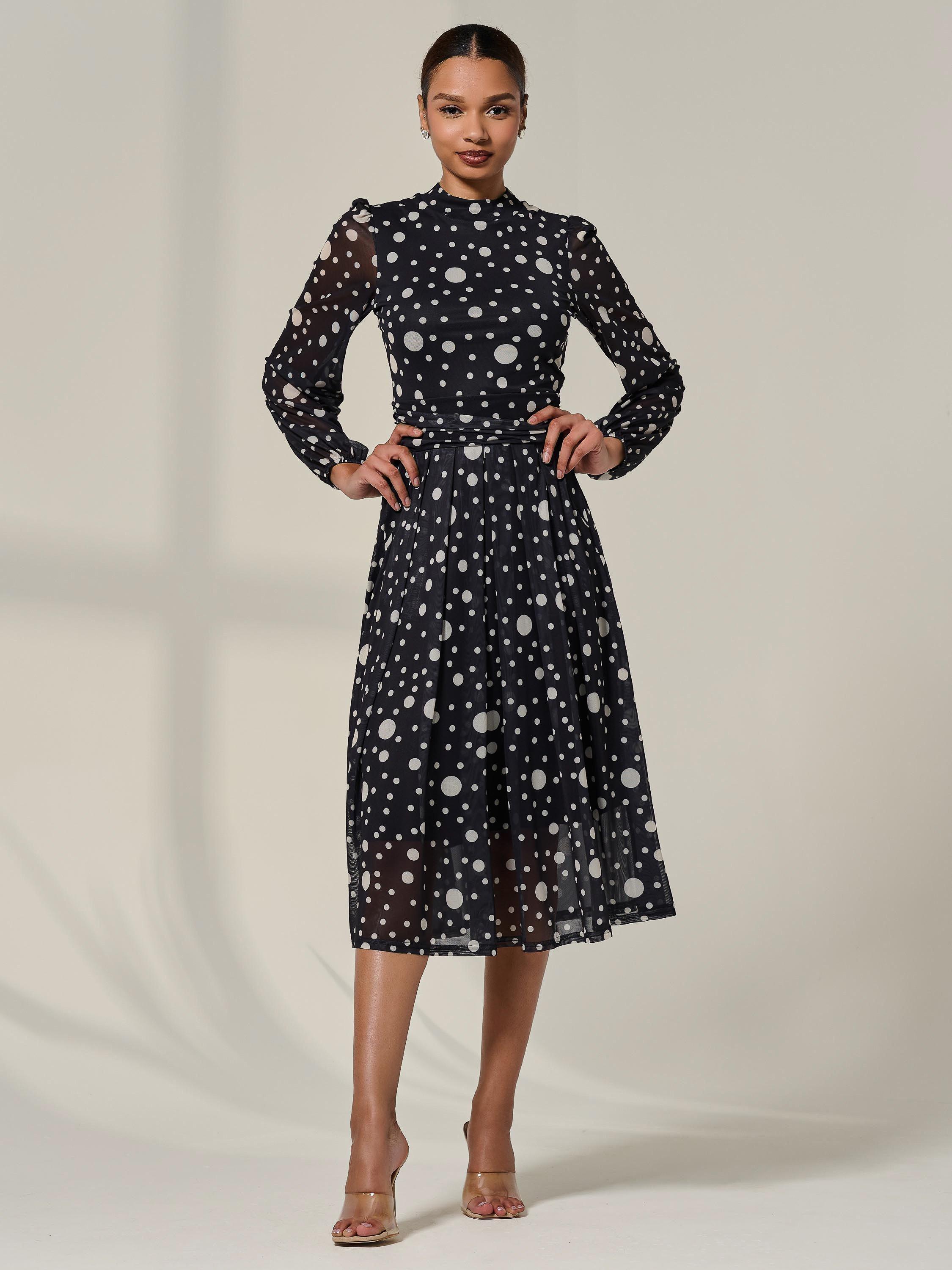 Product image 7 of 7, which shows Jolie Moi Polka Dot Pleated Midi Dress, Black Polka, 8