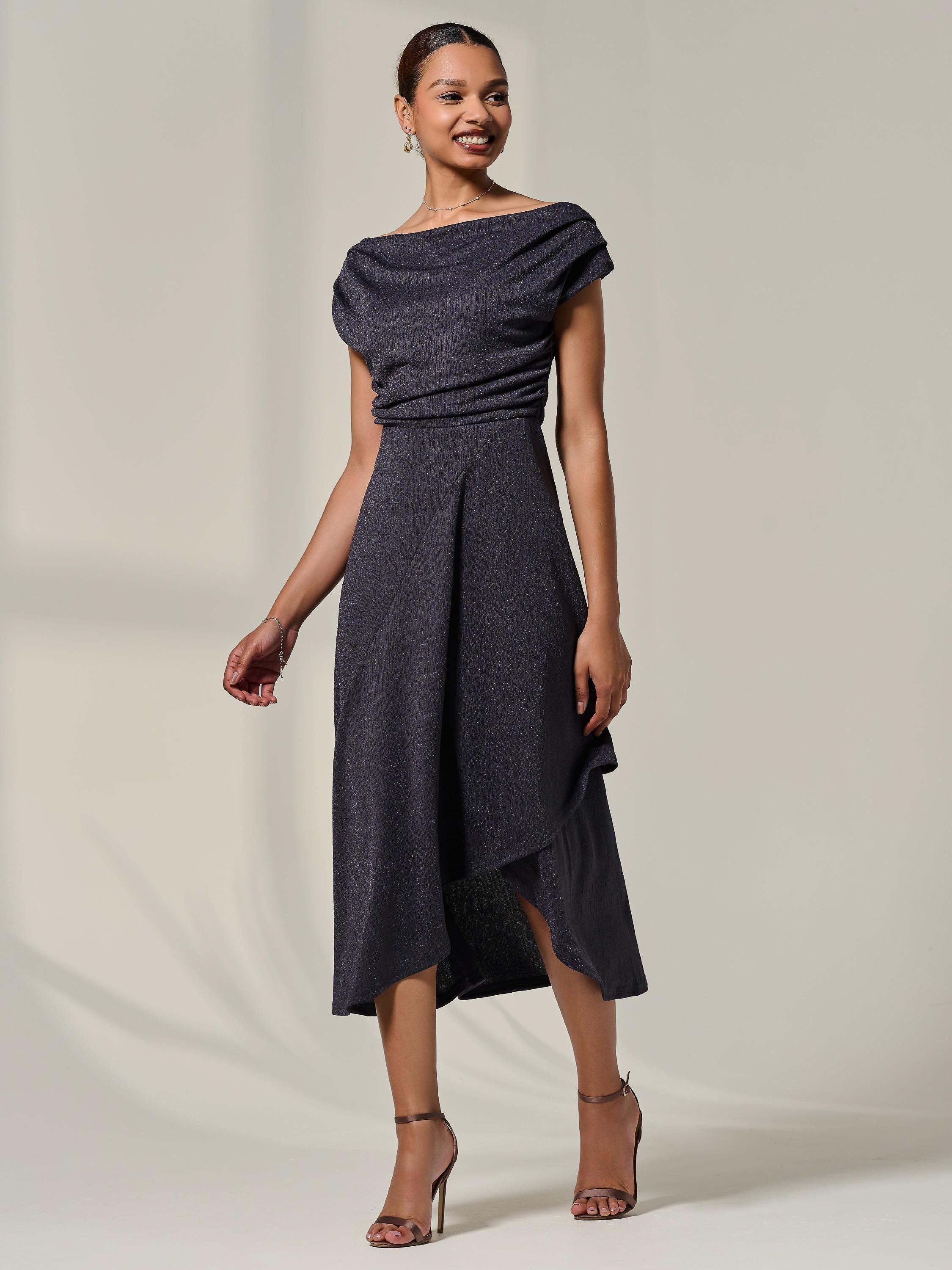 Product image 6 of 7, which shows Jolie Moi Asymmetric Drape Midi Dress, Dark Grey, 8