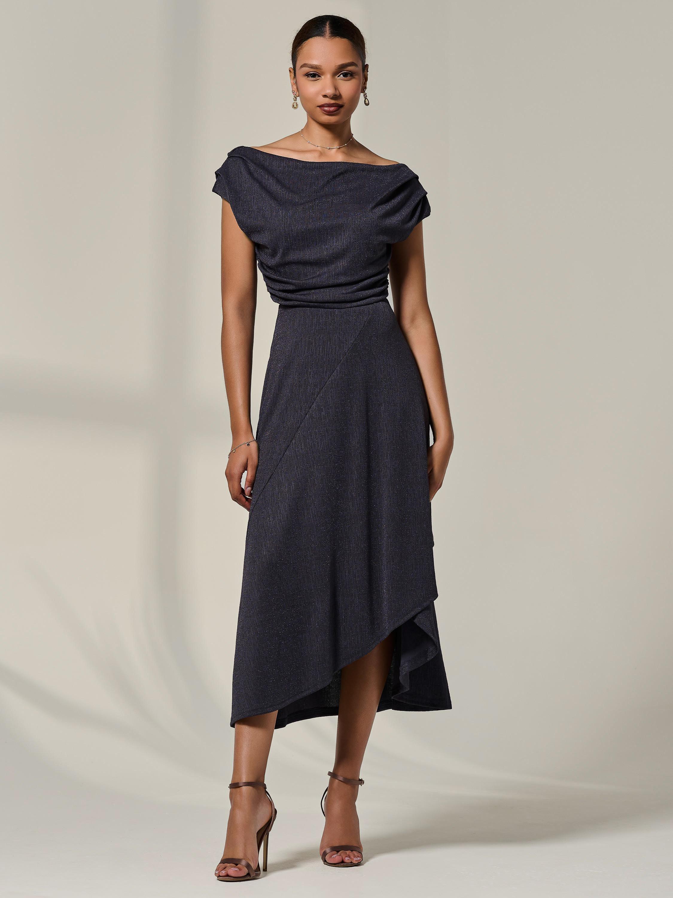 Product image 7 of 7, which shows Jolie Moi Asymmetric Drape Midi Dress, Dark Grey, 8