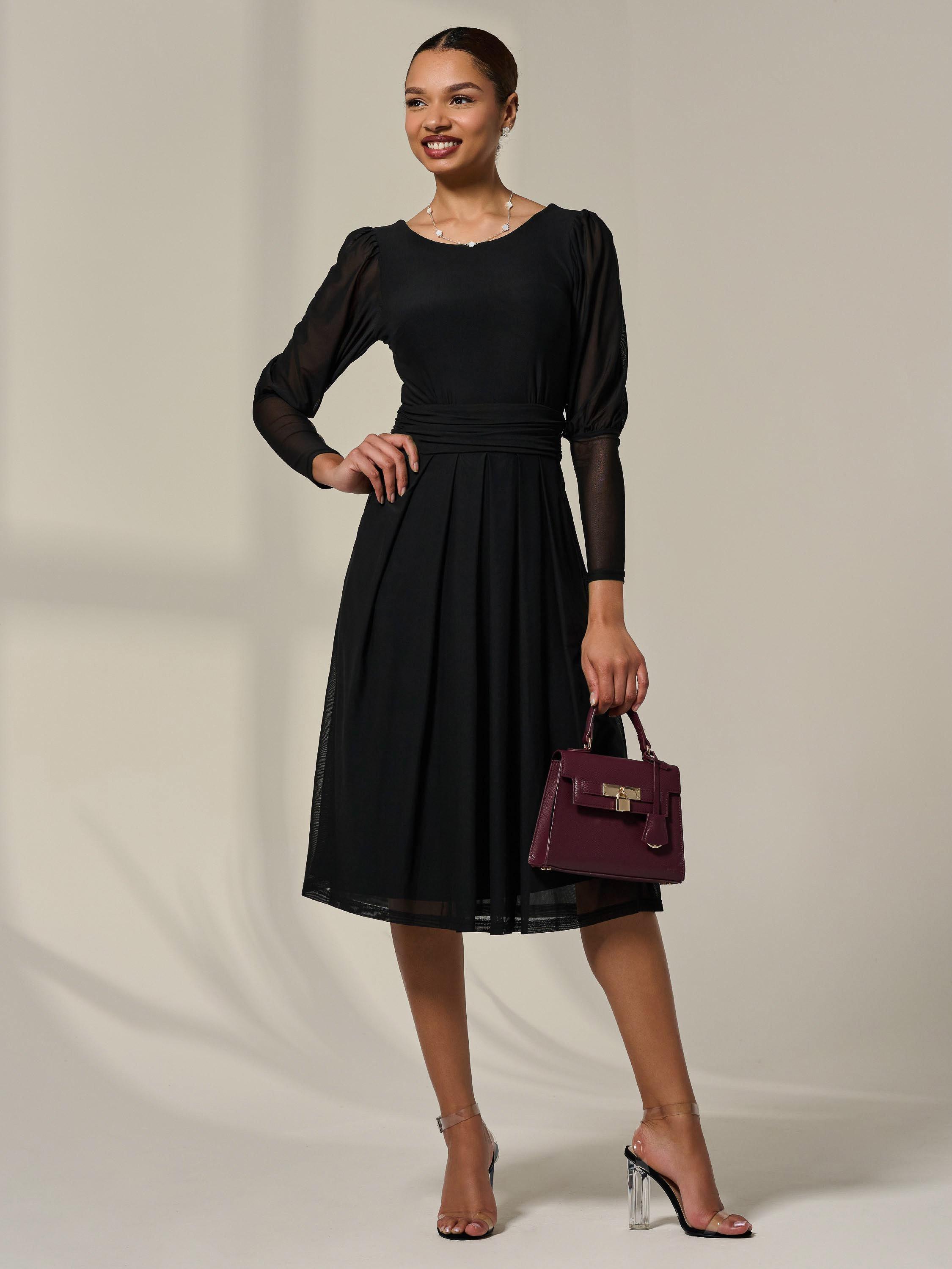 Jolie Moi Mesh Long Sleeve Midaxi Dress, Black