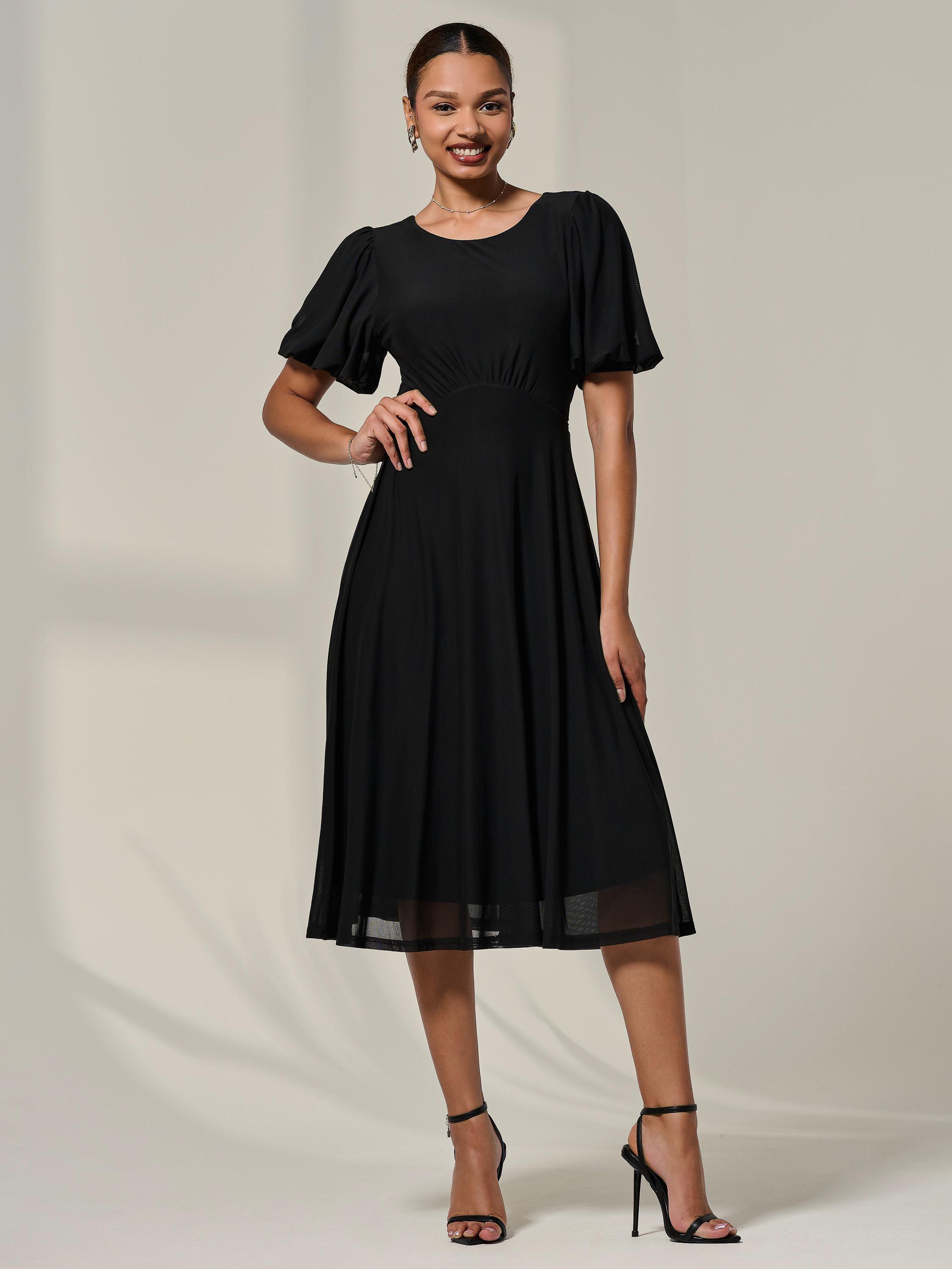 Product image 1 of 6, which shows Jolie Moi Puff Sleeve Mesh Midi Dress, Black, 8
