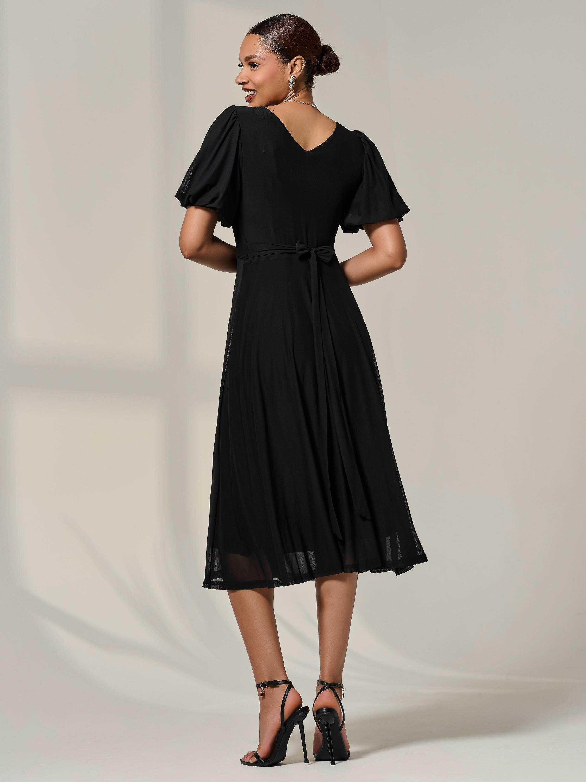 Product image 2 of 6, which shows Jolie Moi Puff Sleeve Mesh Midi Dress, Black, 8