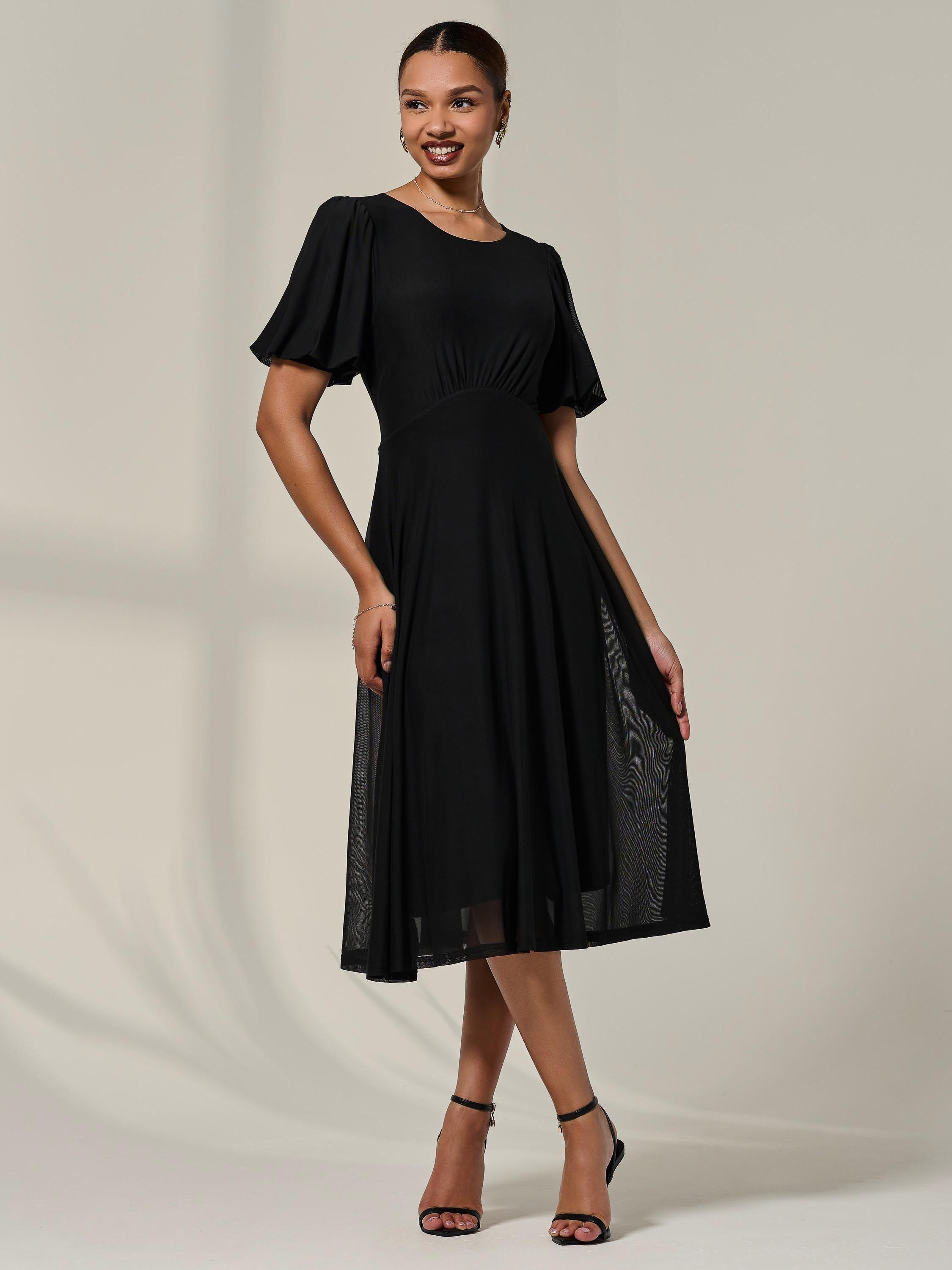 Product image 3 of 6, which shows Jolie Moi Puff Sleeve Mesh Midi Dress, Black, 8