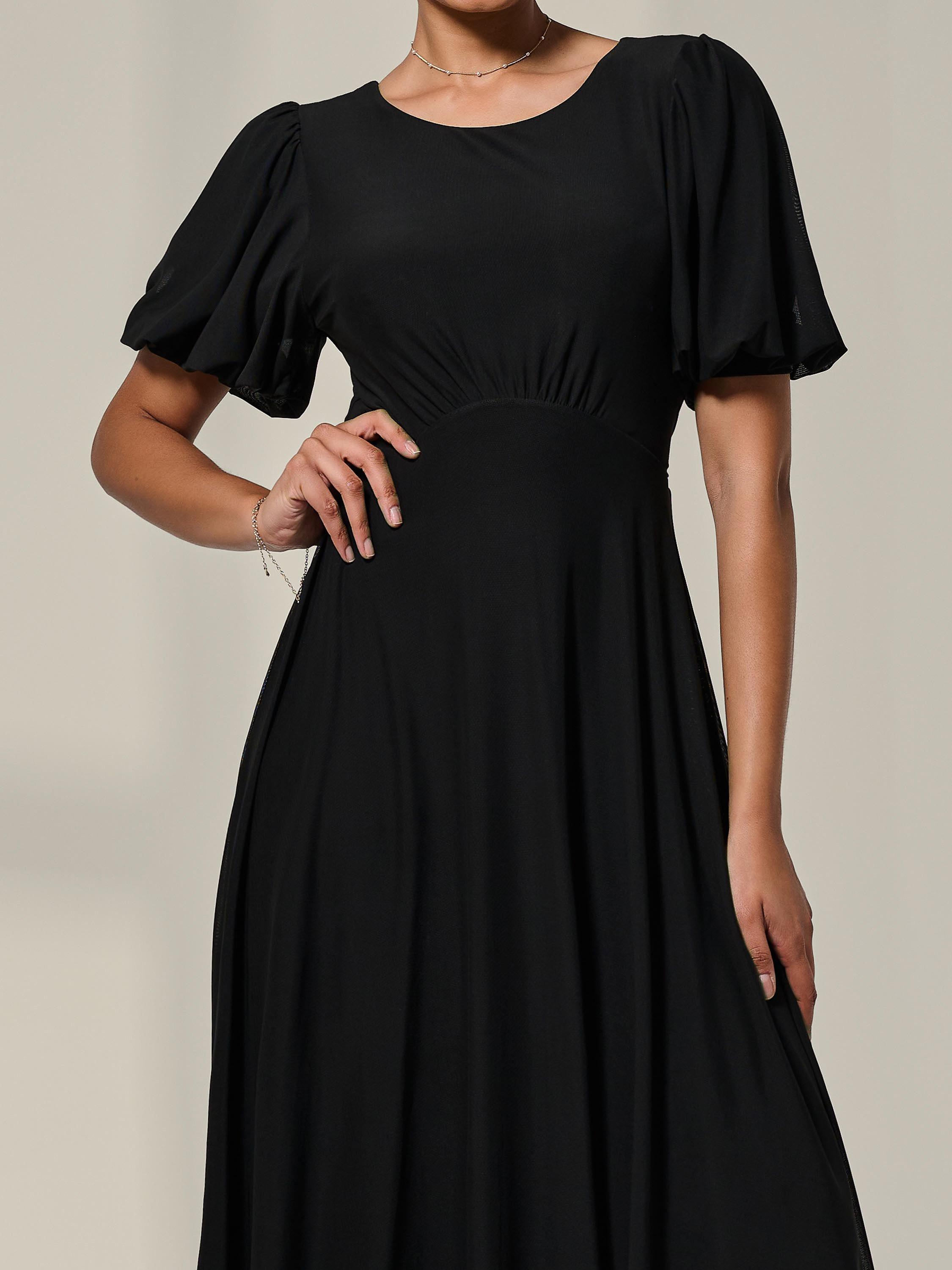Product image 4 of 6, which shows Jolie Moi Puff Sleeve Mesh Midi Dress, Black, 8