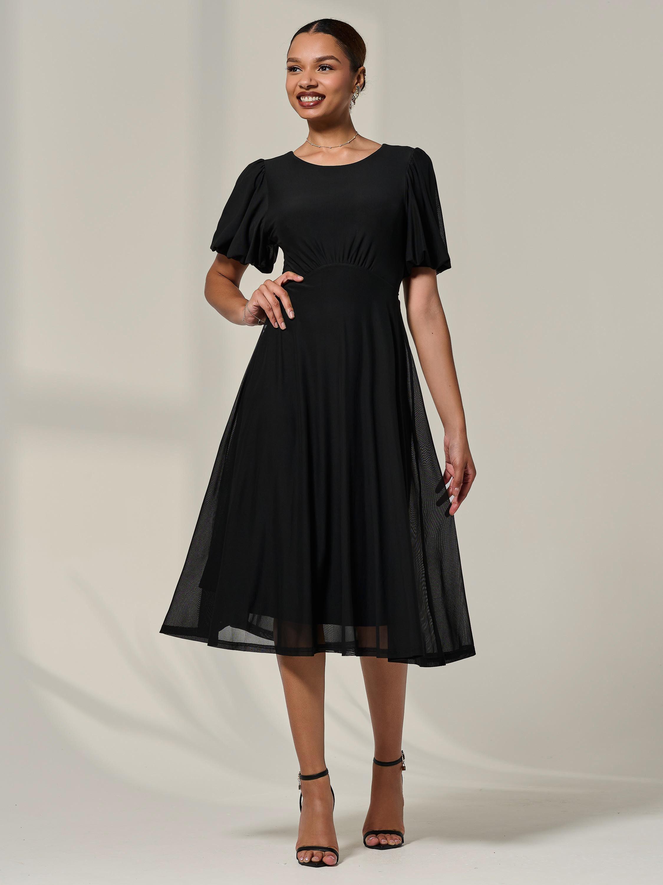 Product image 5 of 6, which shows Jolie Moi Puff Sleeve Mesh Midi Dress, Black, 8