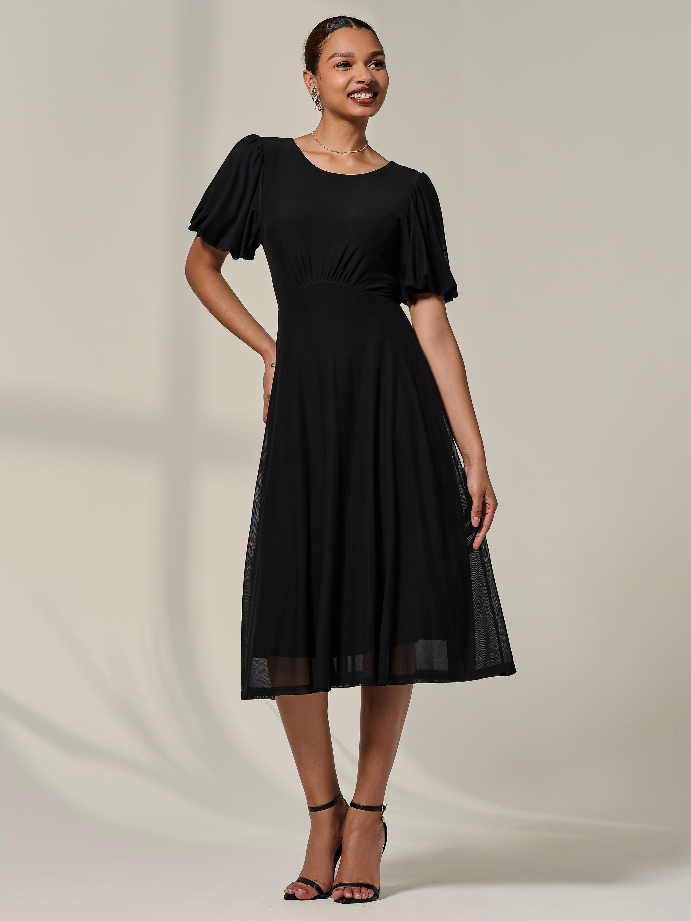 Product image 6 of 6, which shows Jolie Moi Puff Sleeve Mesh Midi Dress, Black, 8