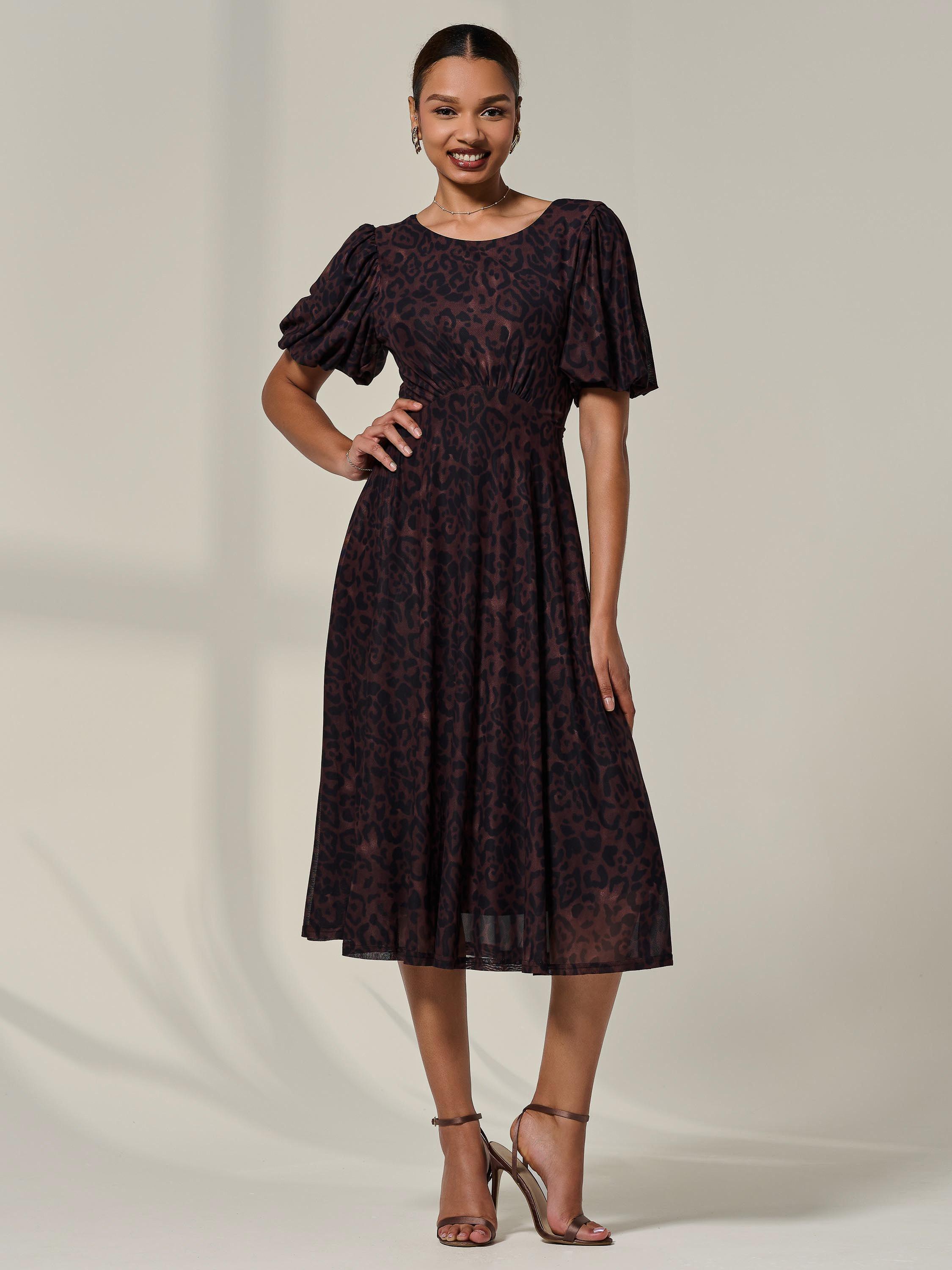 Product image 1 of 7, which shows Jolie Moi Puff Sleeve Leopard Print Midi Dress, Brown, 8