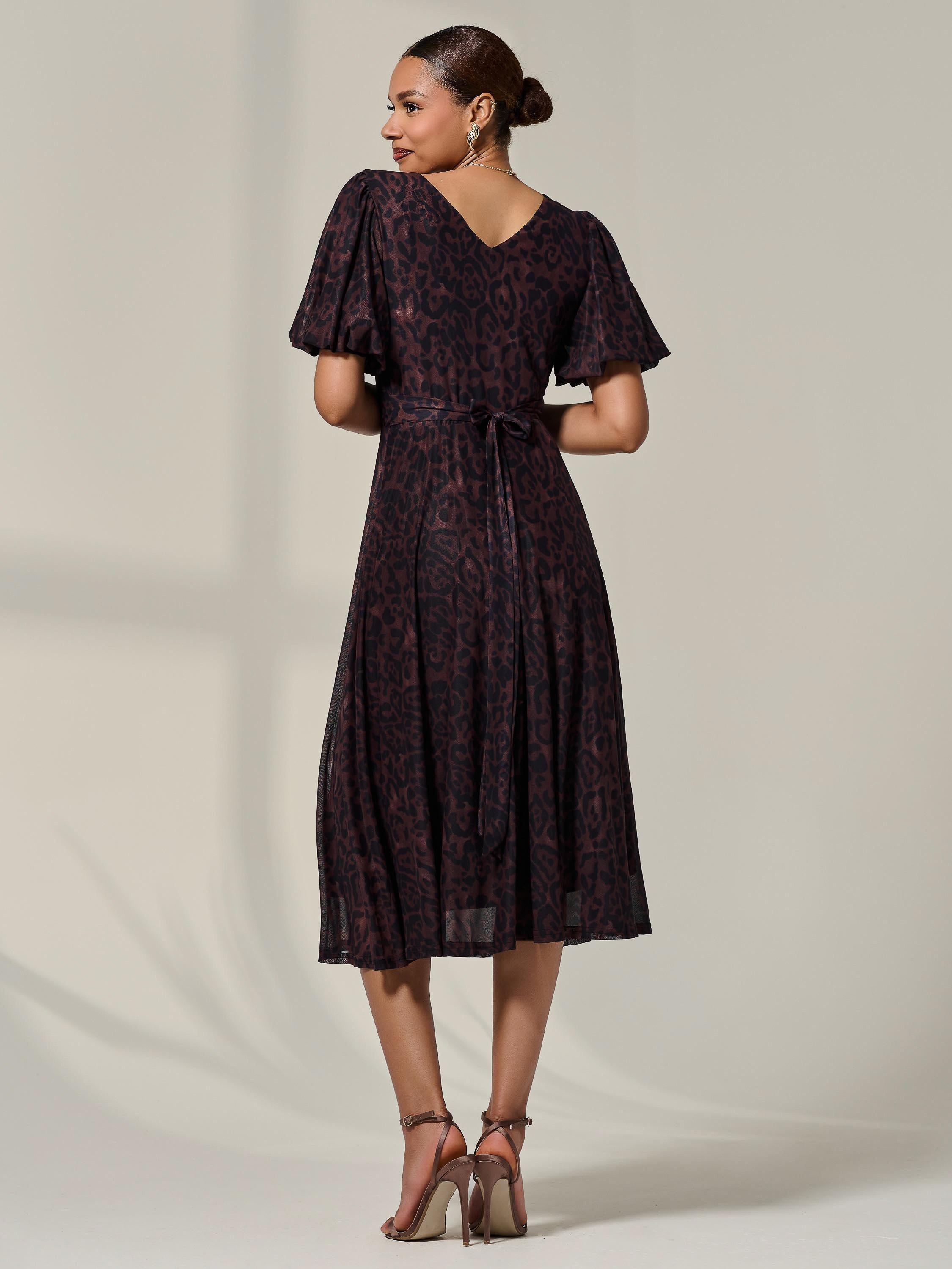 Product image 2 of 7, which shows Jolie Moi Puff Sleeve Leopard Print Midi Dress, Brown, 8