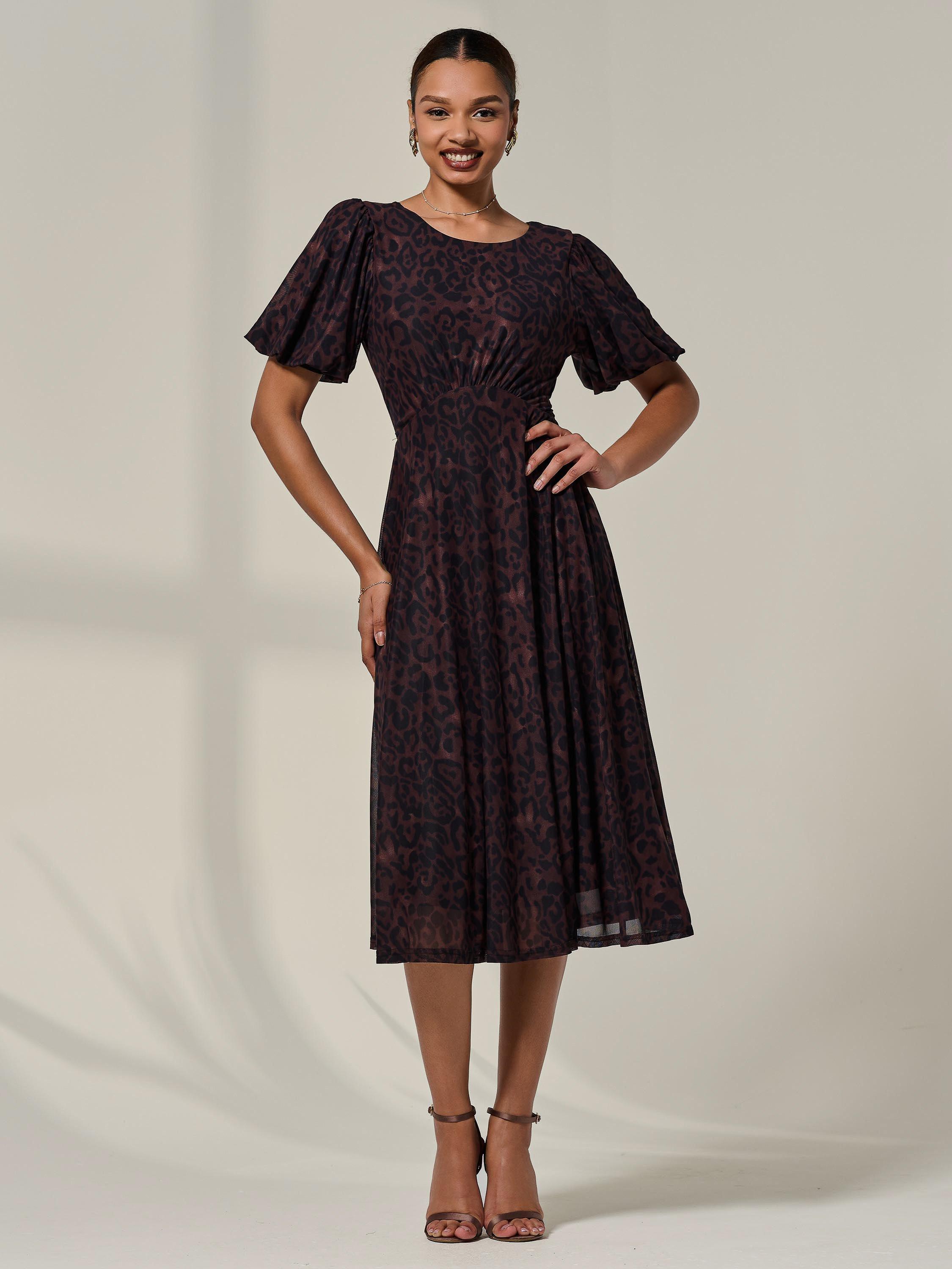 Product image 3 of 7, which shows Jolie Moi Puff Sleeve Leopard Print Midi Dress, Brown, 8