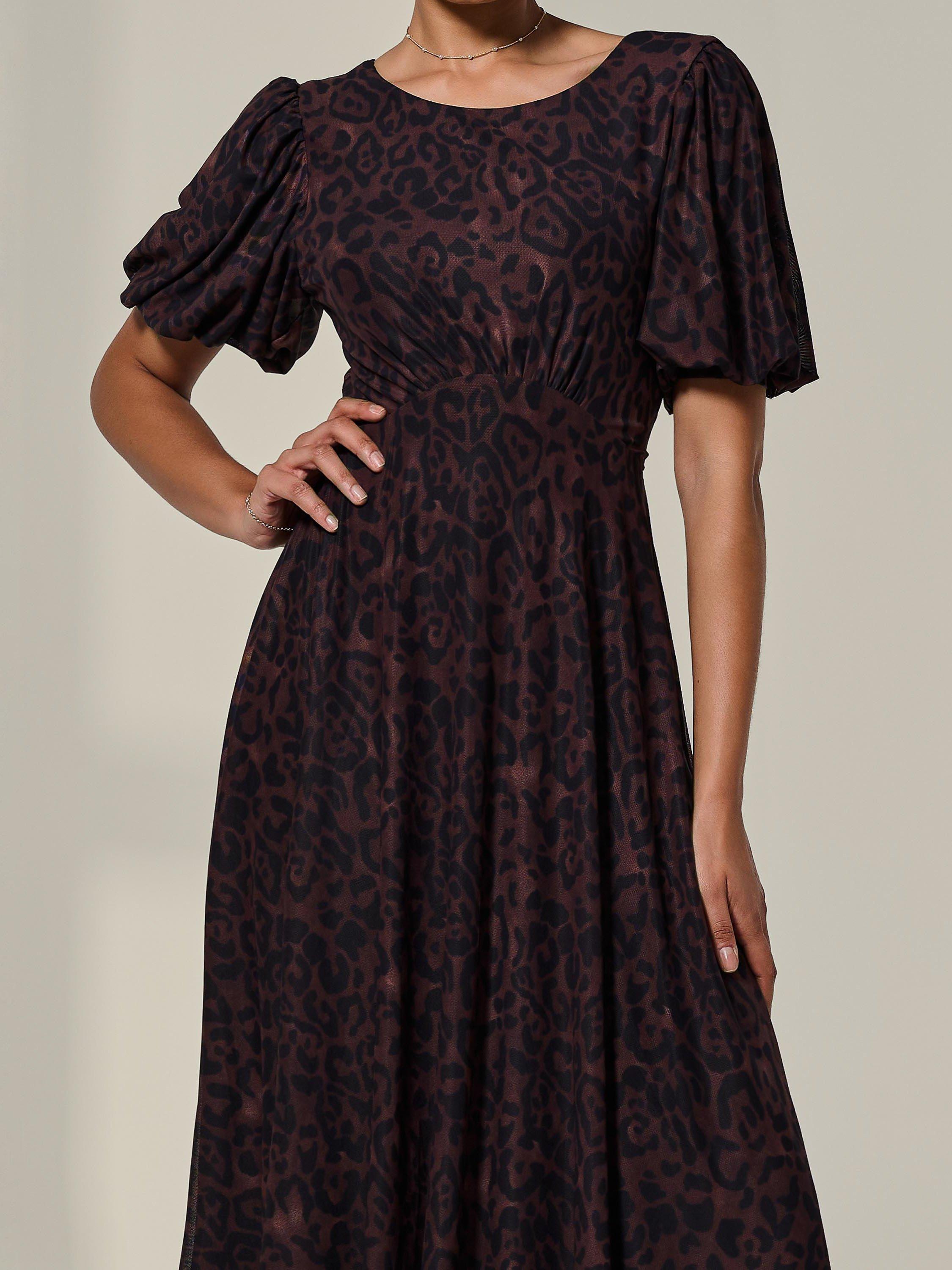 Product image 4 of 7, which shows Jolie Moi Puff Sleeve Leopard Print Midi Dress, Brown, 8