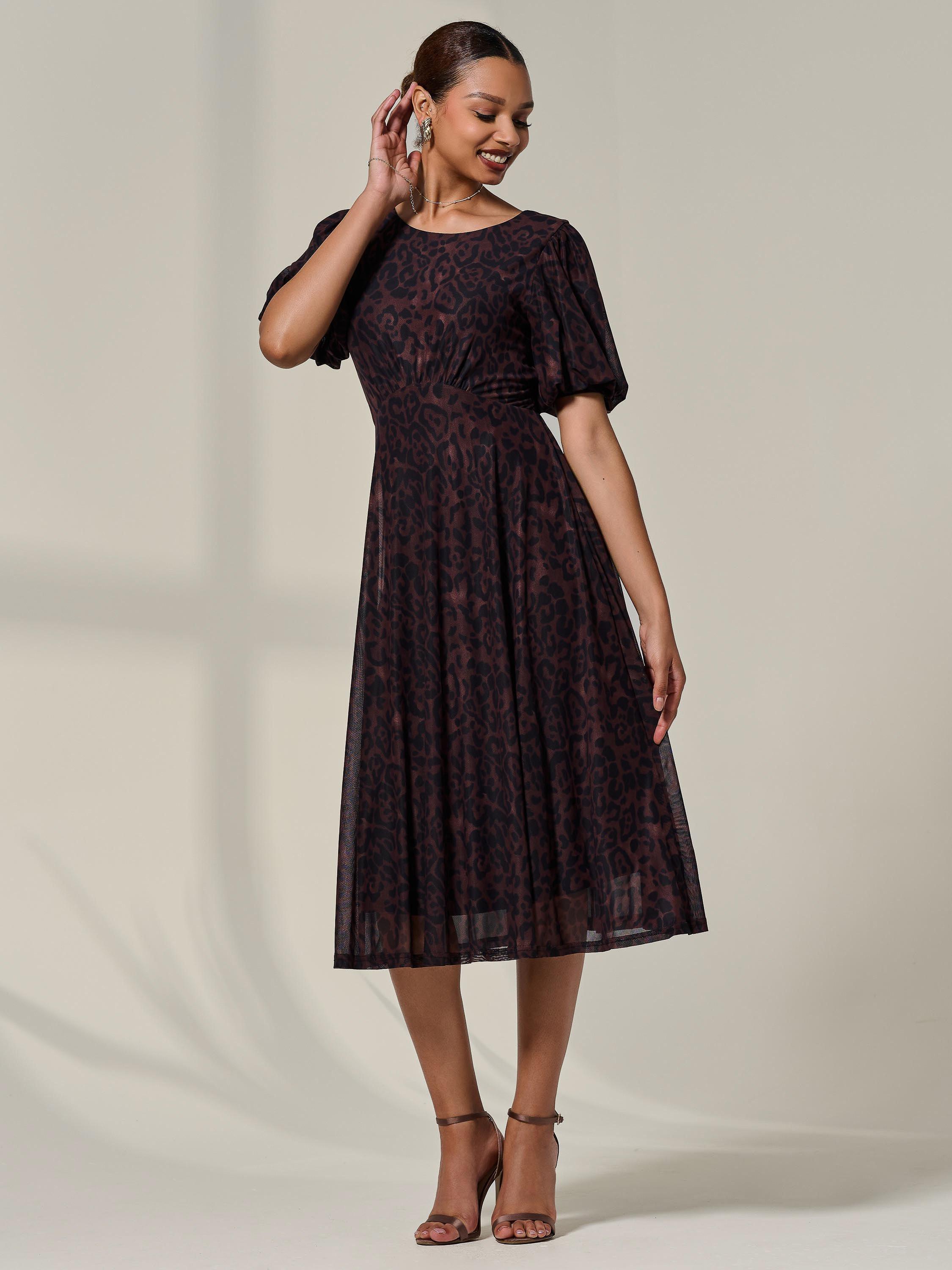 Product image 5 of 7, which shows Jolie Moi Puff Sleeve Leopard Print Midi Dress, Brown, 8