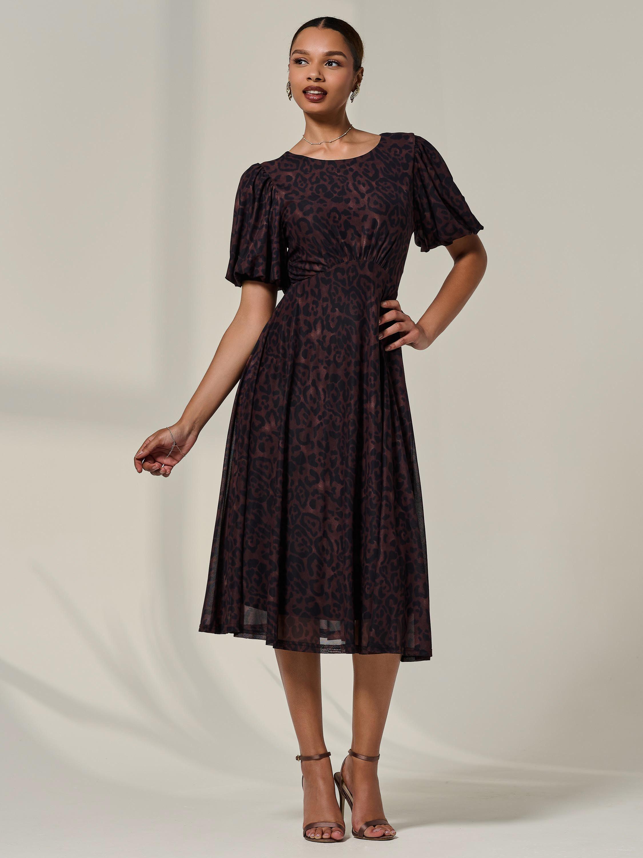 Product image 6 of 7, which shows Jolie Moi Puff Sleeve Leopard Print Midi Dress, Brown, 8