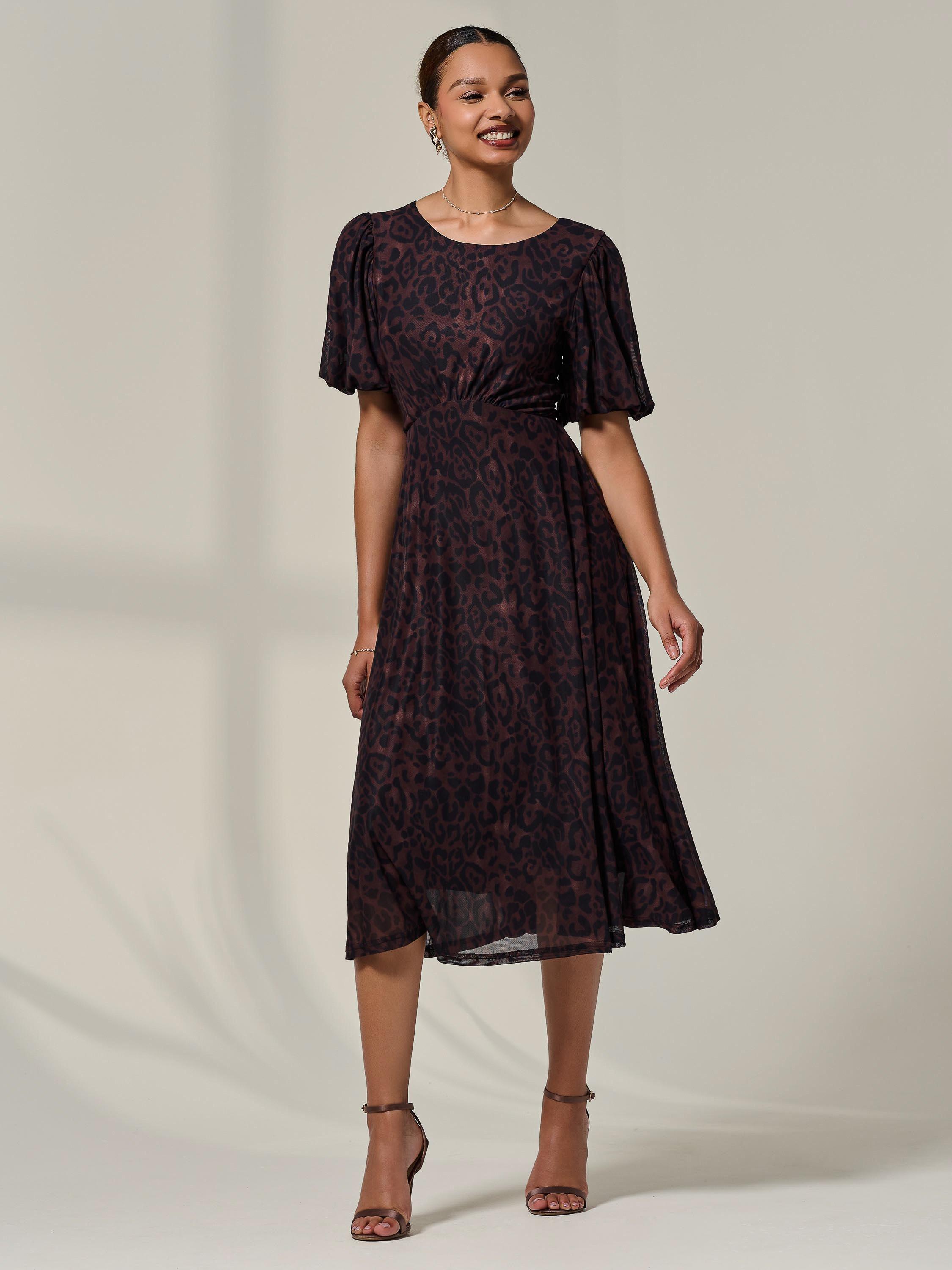 Product image 7 of 7, which shows Jolie Moi Puff Sleeve Leopard Print Midi Dress, Brown, 8