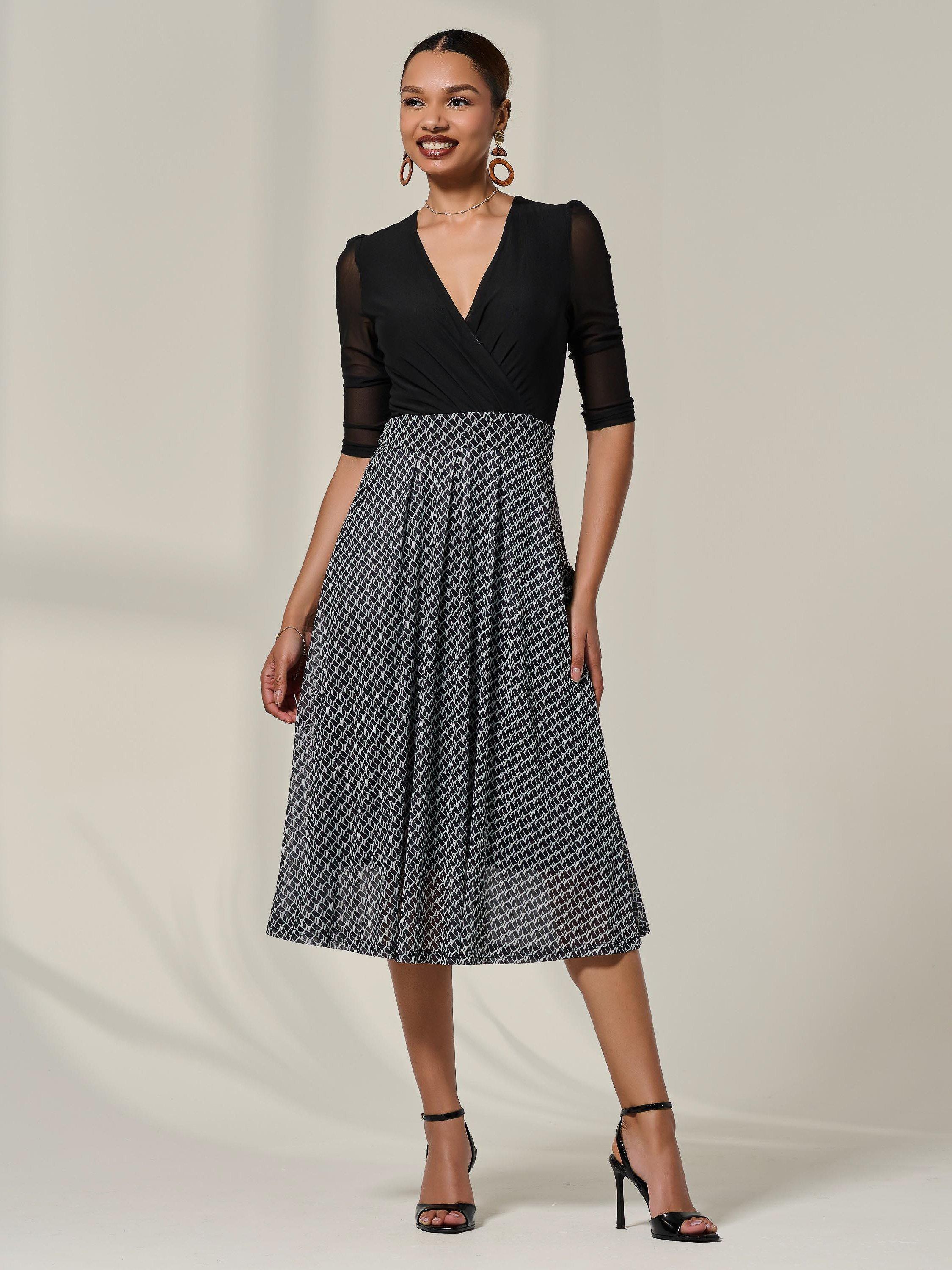 Product image 1 of 7, which shows Jolie Moi Two Tone Half Sleeve Midi Dress, Black, 8