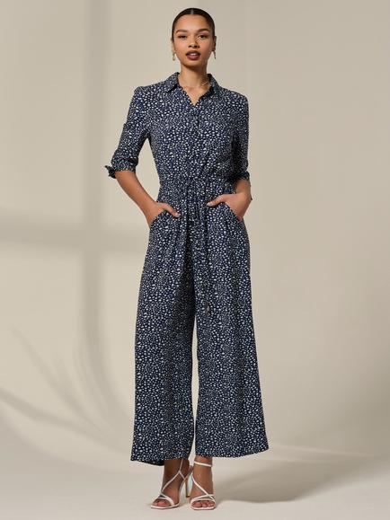 Jolie Moi Abstract Half Sleeve Wide Leg Jumpsuit, Navy, Navy