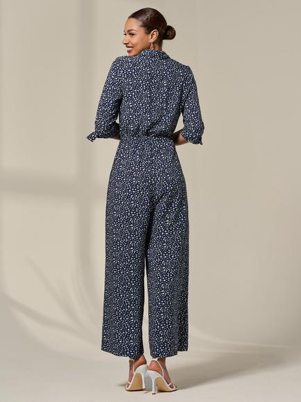 Jolie Moi Abstract Half Sleeve Wide Leg Jumpsuit, Navy - view 2, Navy