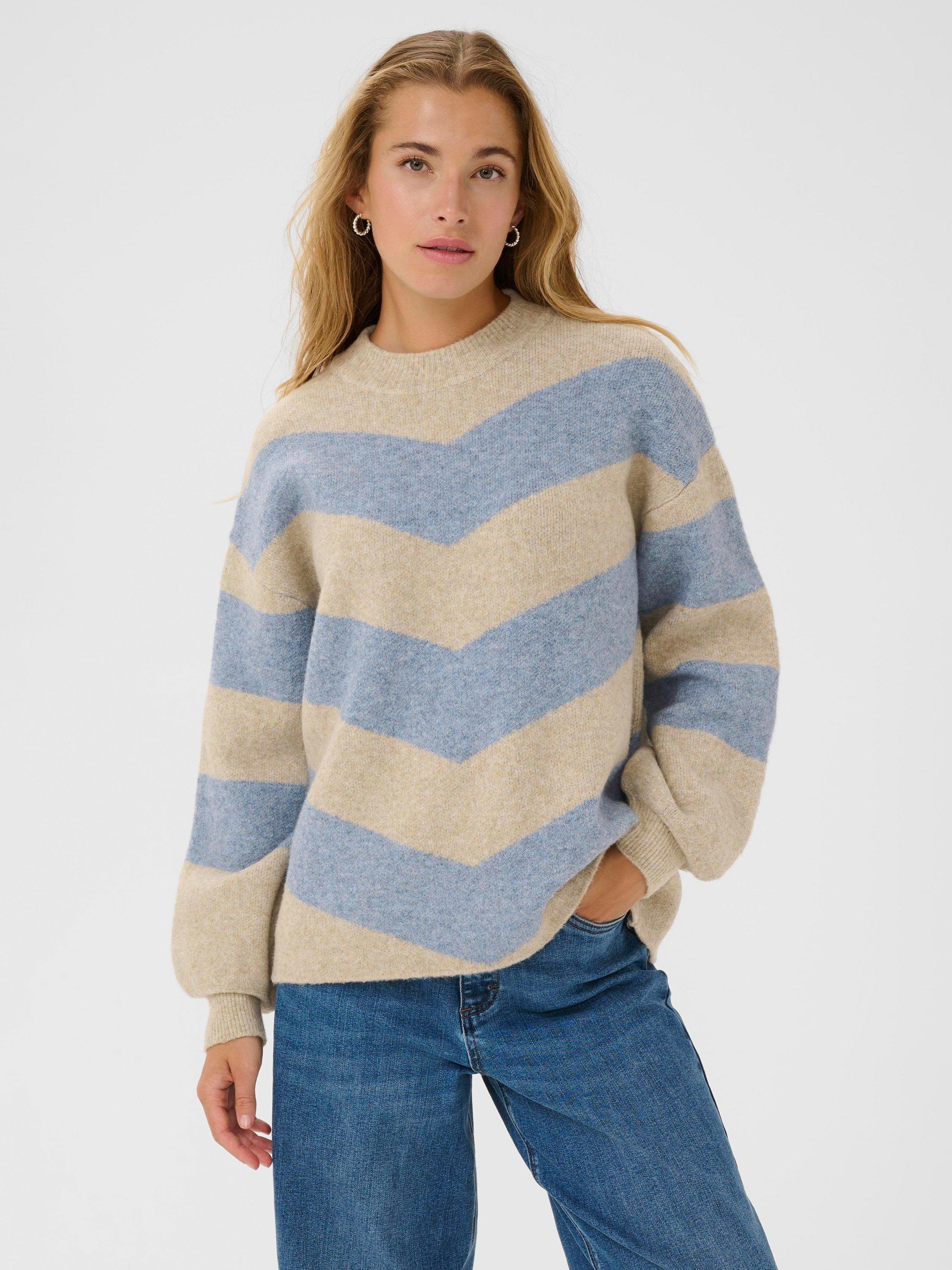 Product image 1 of 6, which shows KAFFE Verana Long Sleeve Round Neck Jumper, Blue/Multi, XS